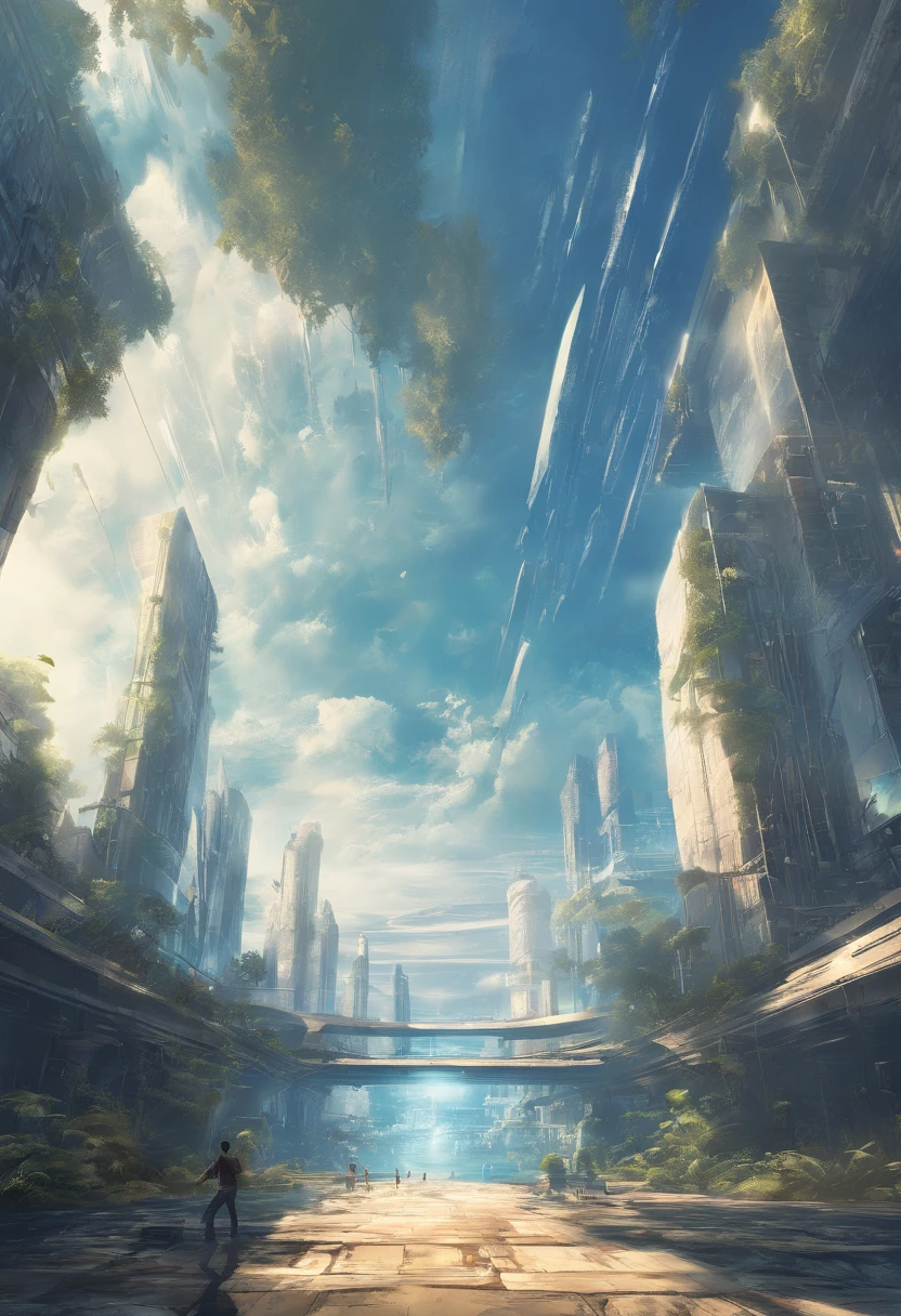 no humans, scenery, vanishing point, from below, masterpiece, best quality, 8k, absurdres, water surface, summer, noon, sunlight, blue sky, perspective, depth of field, highres, finely detail, ultra-detailed, sharp focus