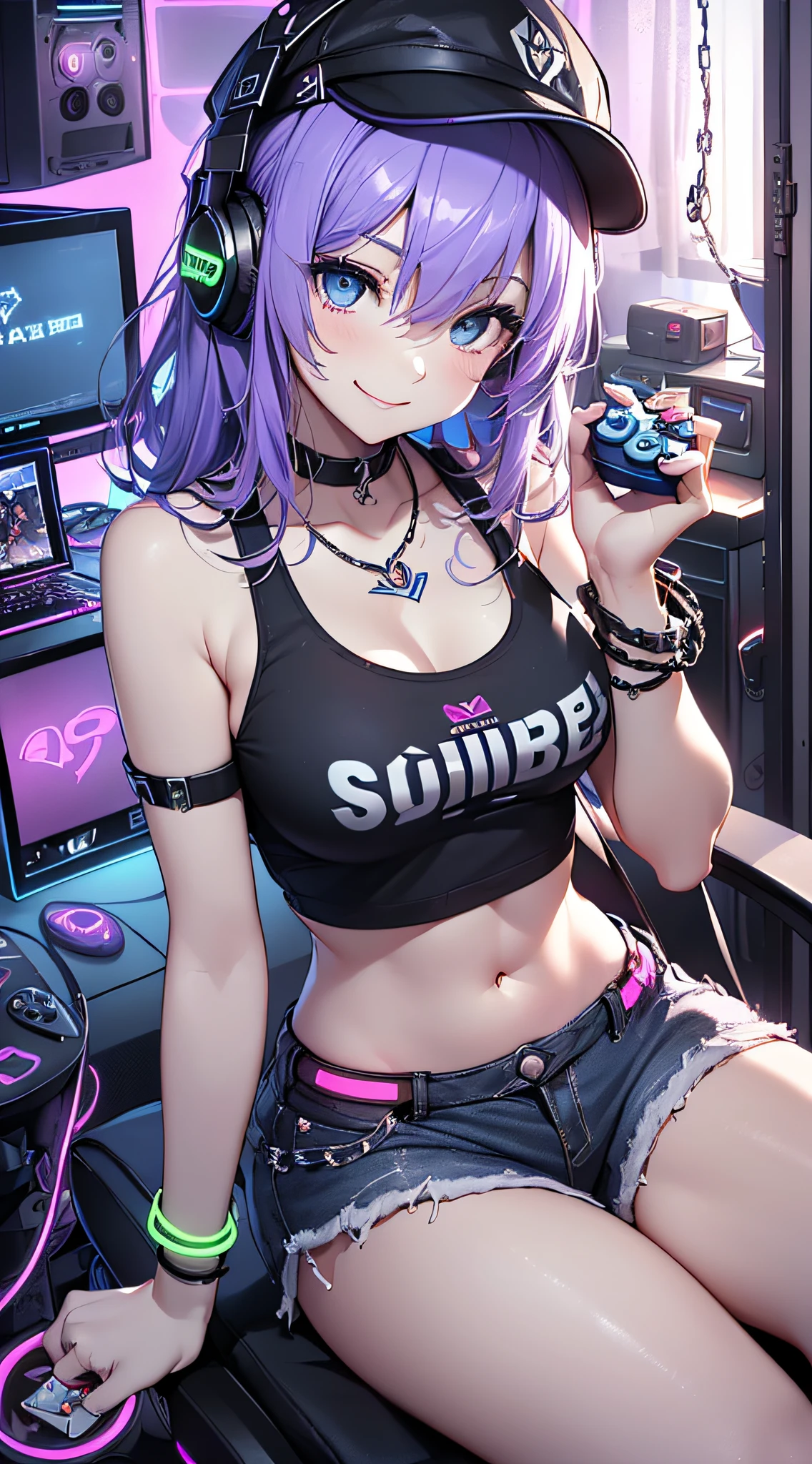top-quality、Top image quality、​masterpiece、girl with((18year old、Cool hat、Tattoo of the heart symbol on the right shoulder、Black Navel Tank Top、White shorts、Best Bust、Bust 85、Purple hair、Longhaire、Blue eyes、open chest wide、Happiness、Chain Accessories、Black wristband on wrist、sit a chair、A slender、A smile、Have a controller、sexypose、gaming headphone、income)）hiquality、visualart、Background with((Neon colored room、Gaming PC、Gaming Desk、Gaming Chair、Gaming bed、gaming console))、masutepiece、Depth(lightning bolt)