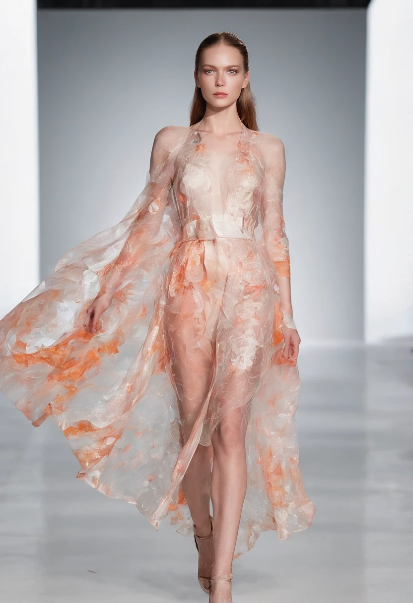 Generate a collection of translucent and transparent, liquid fire, dresses on models to promote mental health awareness on fashion show runway. The collection should be both visually striking and meaningful, and it should convey a message of hope and resilience. The collection should be sustainable and ethical, made from recycled materials or produced in a fair labor environment. With light inside.