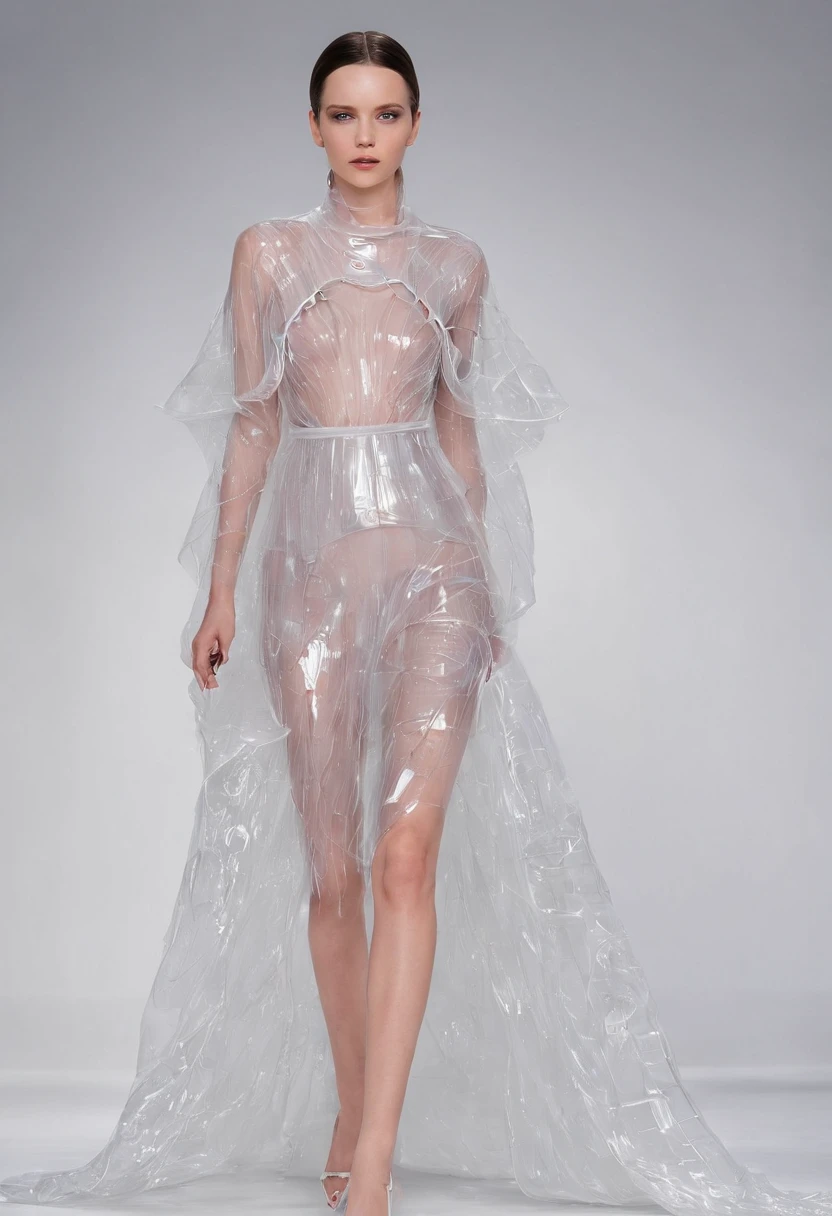 Generate a collection of translucent and transparent, liquid fire, dresses on models to promote mental health awareness on fashion show runway. The collection should be both visually striking and meaningful, and it should convey a message of hope and resilience. The collection should be sustainable and ethical, made from recycled materials or produced in a fair labor environment. With light inside.