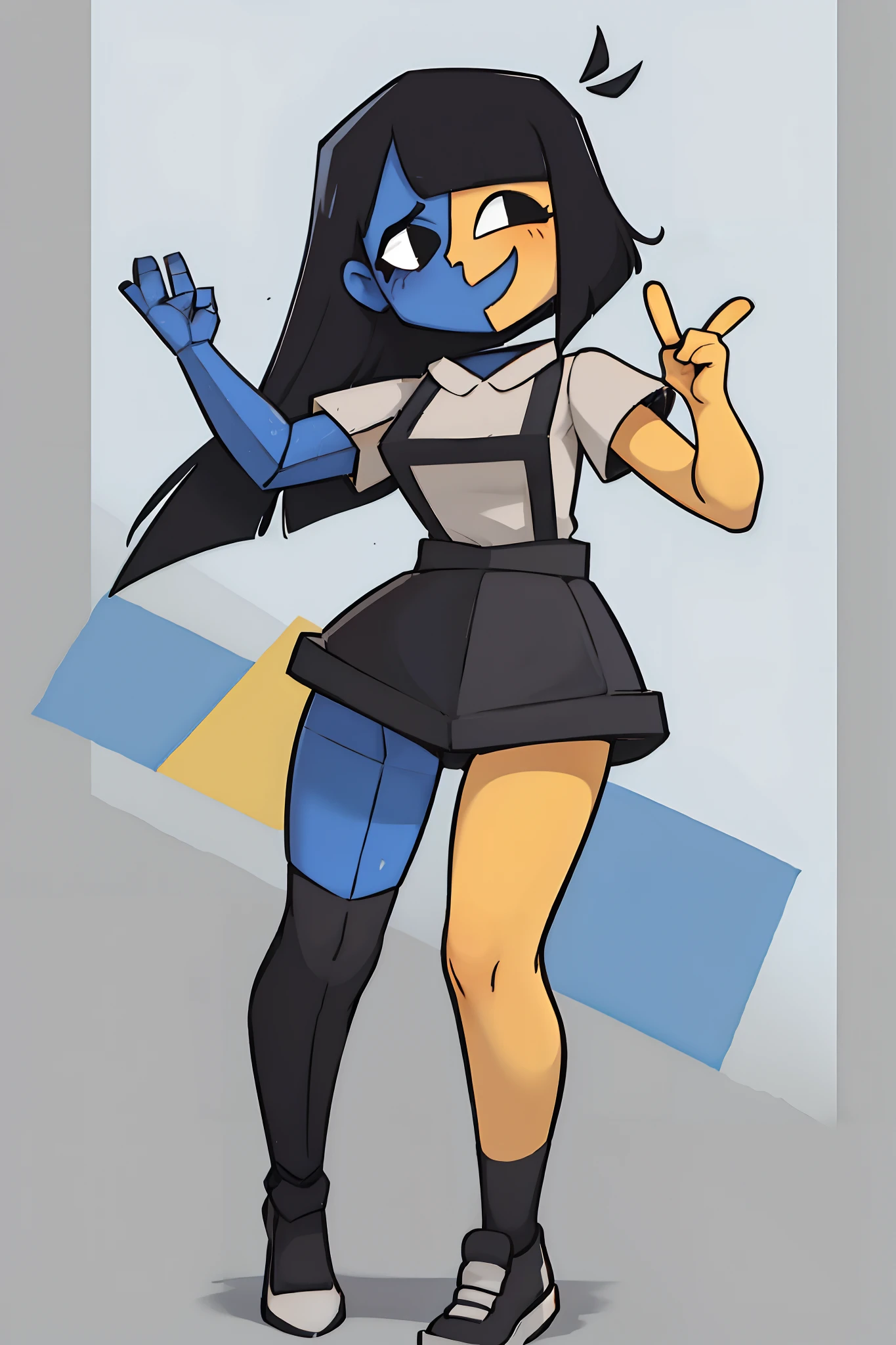 ENA (Joel G), split color body (blue on right, yellow on left), white t-shirt, black skirt with overall straps, 1girl, black eyes, black socks (thigh-high on right, ankle on left), black shoes, grain effect on hair, perfect anatomy, solo, better hands