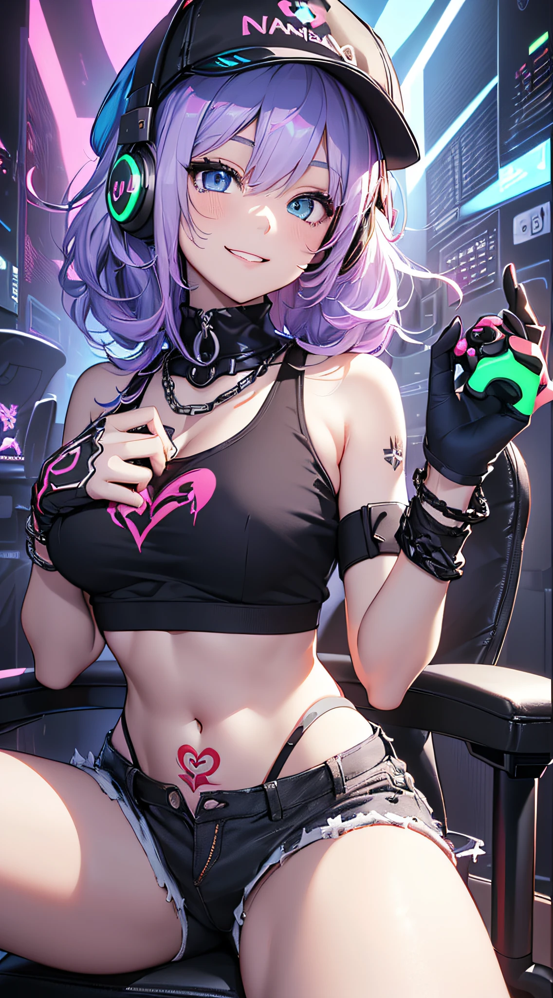 top-quality、Top image quality、​masterpiece、girl with((18year old、Cool hat、Tattoo of the heart symbol on the right shoulder、Black Navel Tank Top、White shorts、Best Bust、Bust 85、Purple hair、Longhaire、Blue eyes、open chest wide、Happiness、Chain Accessories、Black wristband on wrist、sit a chair、A slender、A smile、Have a controller、sexypose、gaming headphone、income)）hiquality、American comic book style、Background with((Neon colored room、Gaming PC、Gaming Desk、Gaming Chair、Gaming bed、gaming console))、masutepiece、Depth(lightning bolt)