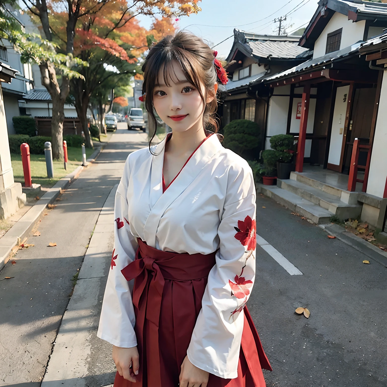 Woman in red skirt and white shirt is taking pictures, japanese girl school uniform, hakama kimono, Japan school uniform, Collar white and red, A Japanese style, Red kimono, Japanese style, traditional japanese, Wearing Hakama, japanese kimono,Outdoor background,The background is a shrine,Autumn leaves in the background ,No bra,feet visible ,You can see the valley ,cleavage of the breast ,Furisode ,Wide sleeves ,Wearing a priestess uniform ,Chest revealed ,The chest is visible ,japanes ,Natural smile ,wide open legs ,Opening legs