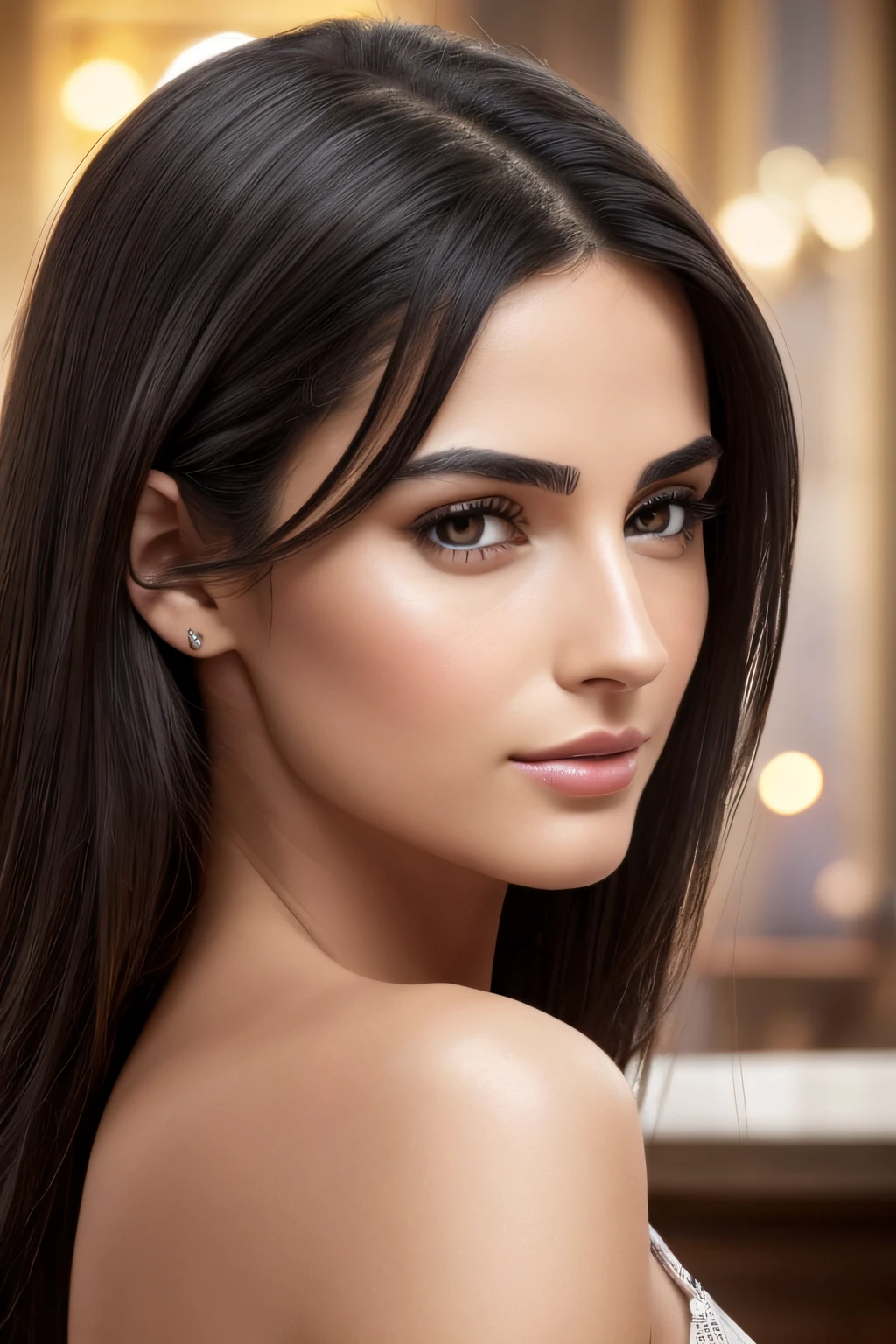 very detailed, Italian woman, background, detailed coffee shop, (with black hair), (dark eyes) (beautiful symmetrical face) nice and defined nose, (protruding and angular jaw), well-proportioned firm lips and full, stunning realistic photography, realistic soft colors, octane rendering, intricate details, sharp focus, stunning full colors, taken with a DSLR camera, 32k resolution, best quality, (focus on skin texture)