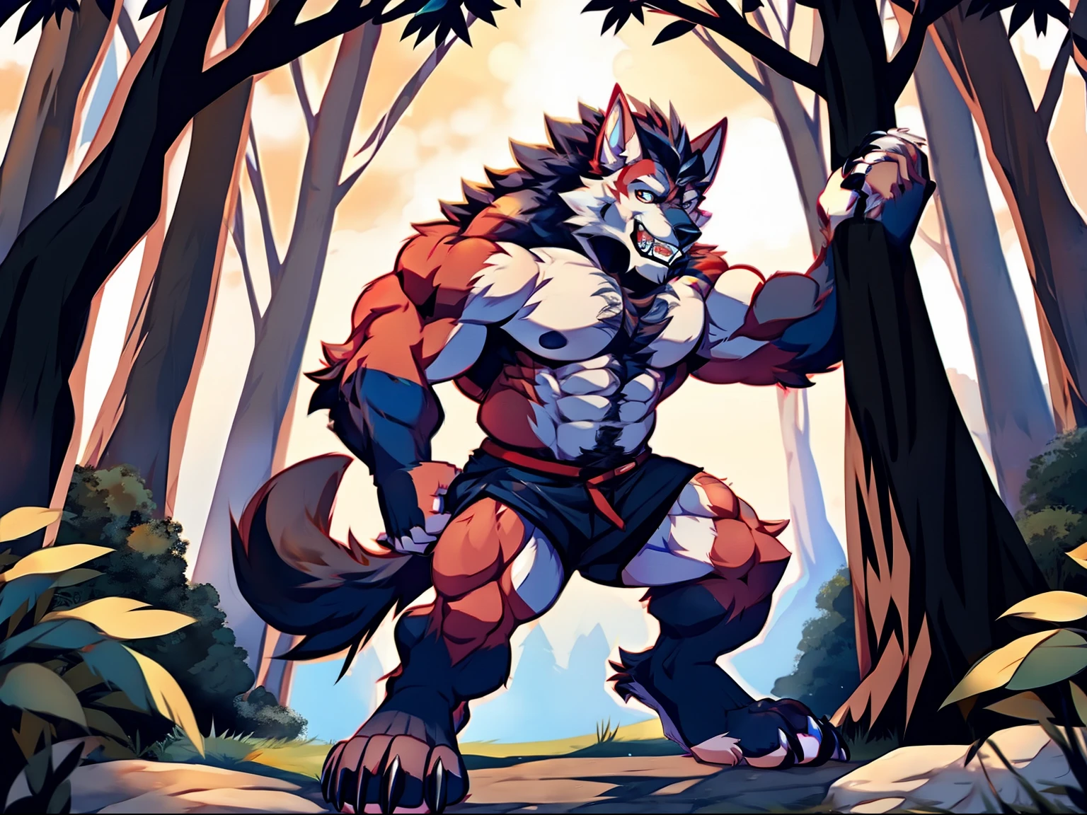 muscular werewolf，Hairy all over，clawed paws，erect through