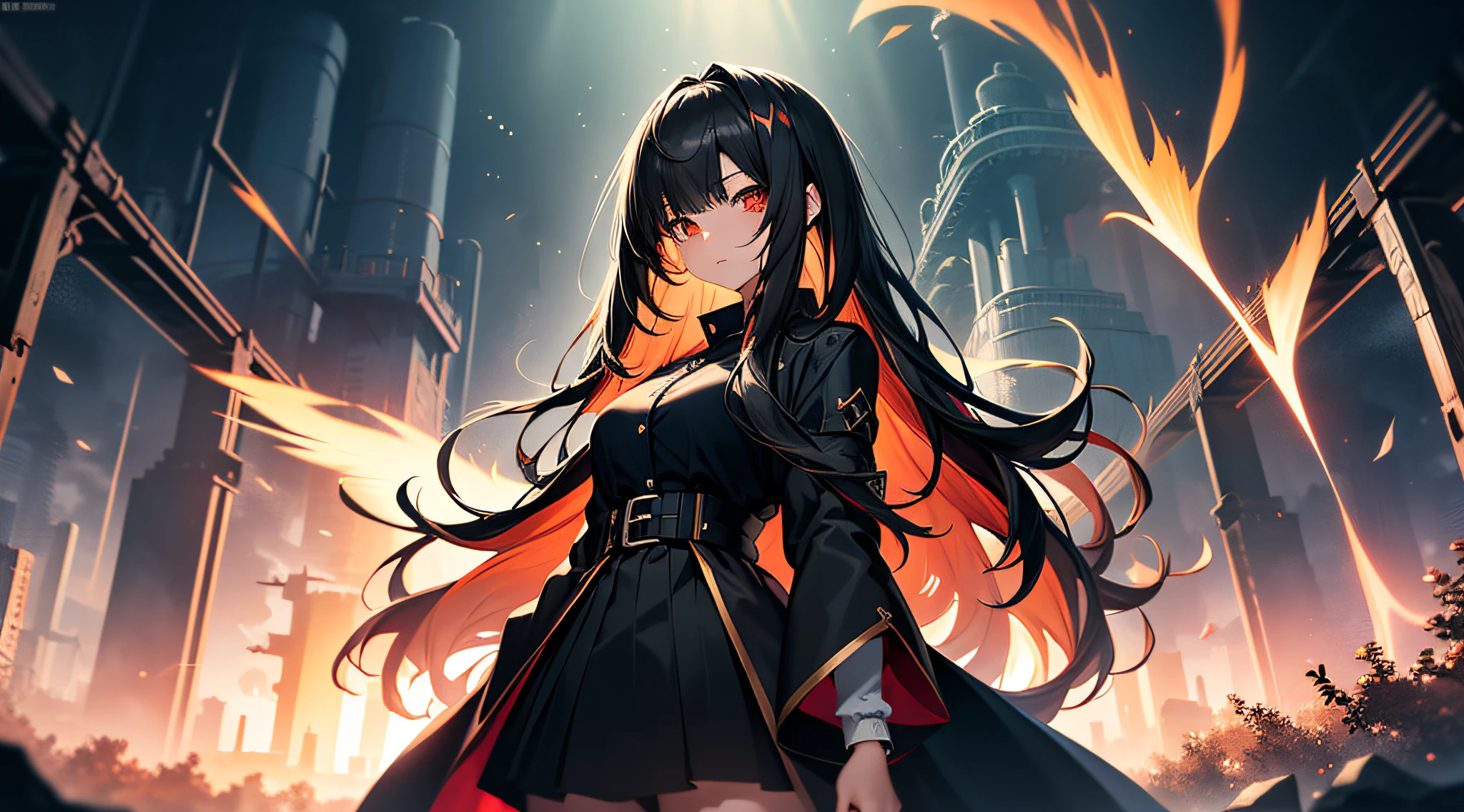 (Ultra-detailed, Perfect Pixel, Highrest, Best Quality), 20 years old anime girl, Smooth anime art style, Long crow hair, Slightly wavy hair, Parted bangs, Black hair, mages, Red orange eyes, long black coat, White shirt, Black skirt, nobles, Noble attire, Beautiful, Ethereal, Elegant, top-notch, Dark forest background, Particle effect, fire flame, Lightning, magical lights, magic sword, Standing, Half body