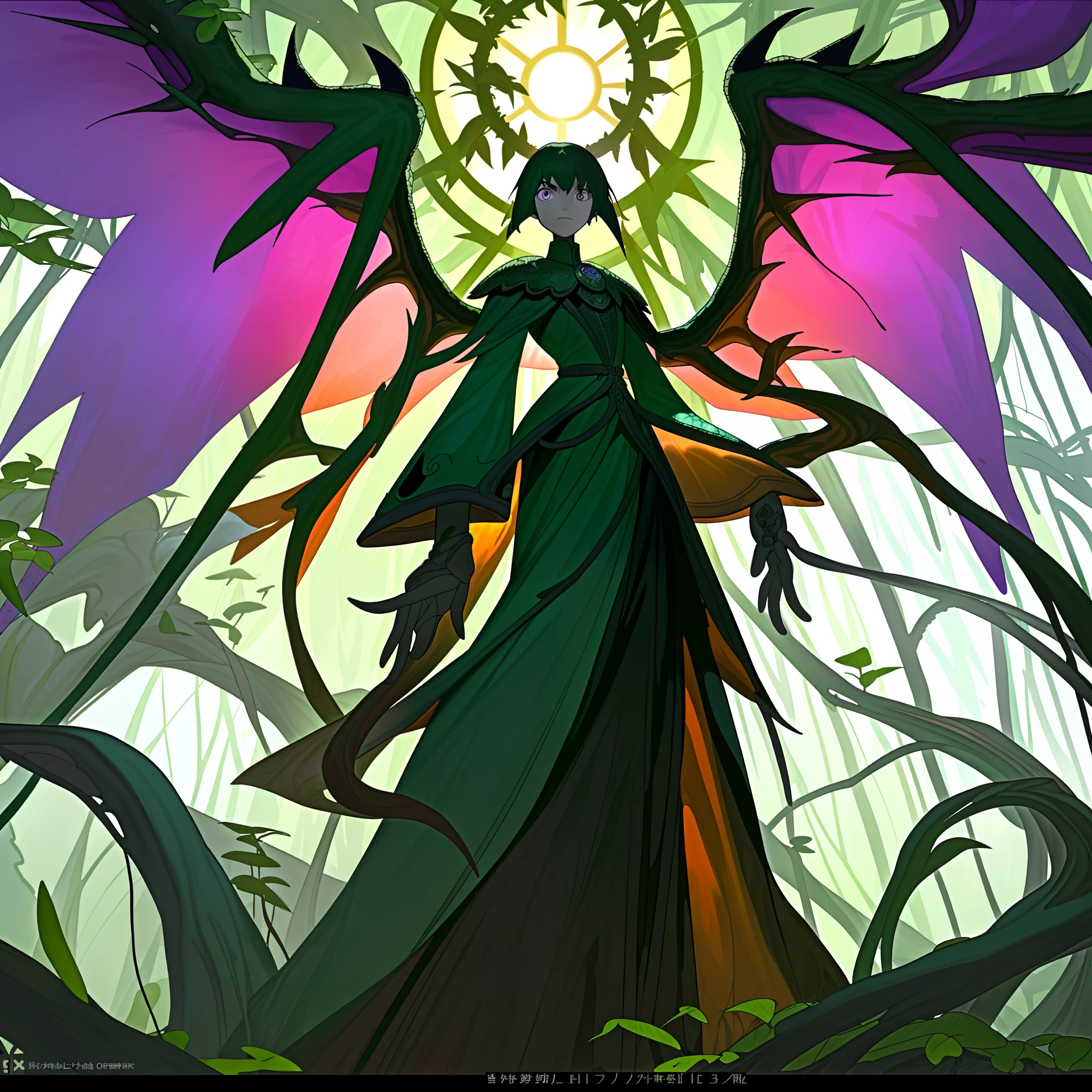 This is a weirdo with the characteristics of a Western magic dragon,(The image of this figure is like a totem pole for ethnic minorities：1.3)，It's tall,Use both hands as weapons,(The hand is like the root system of a big tree),(/Its body is bound by dark green vines：1.3/),(//Behind it are a pair of huge wings，Intertwined with countless vines：1.4//),Stand on a mysterious circular altar。Break!。in the darkness nigth, Humid Black Forest,(The roots of the tree are staggered，There are quite a few mushrooms growing：1.3),(Purple mud floor，Mycelium is everywhere：1.3),(The canopy shades the sun,Only a small amount of light shines on the earth piecemeal through the gaps between the leaves：1.3)。The atmosphere should feel oppressive，There is an image of not being angry and self-threatening,Excellent enemy characters,​master piece,8K wallpaper,Remove the watermark