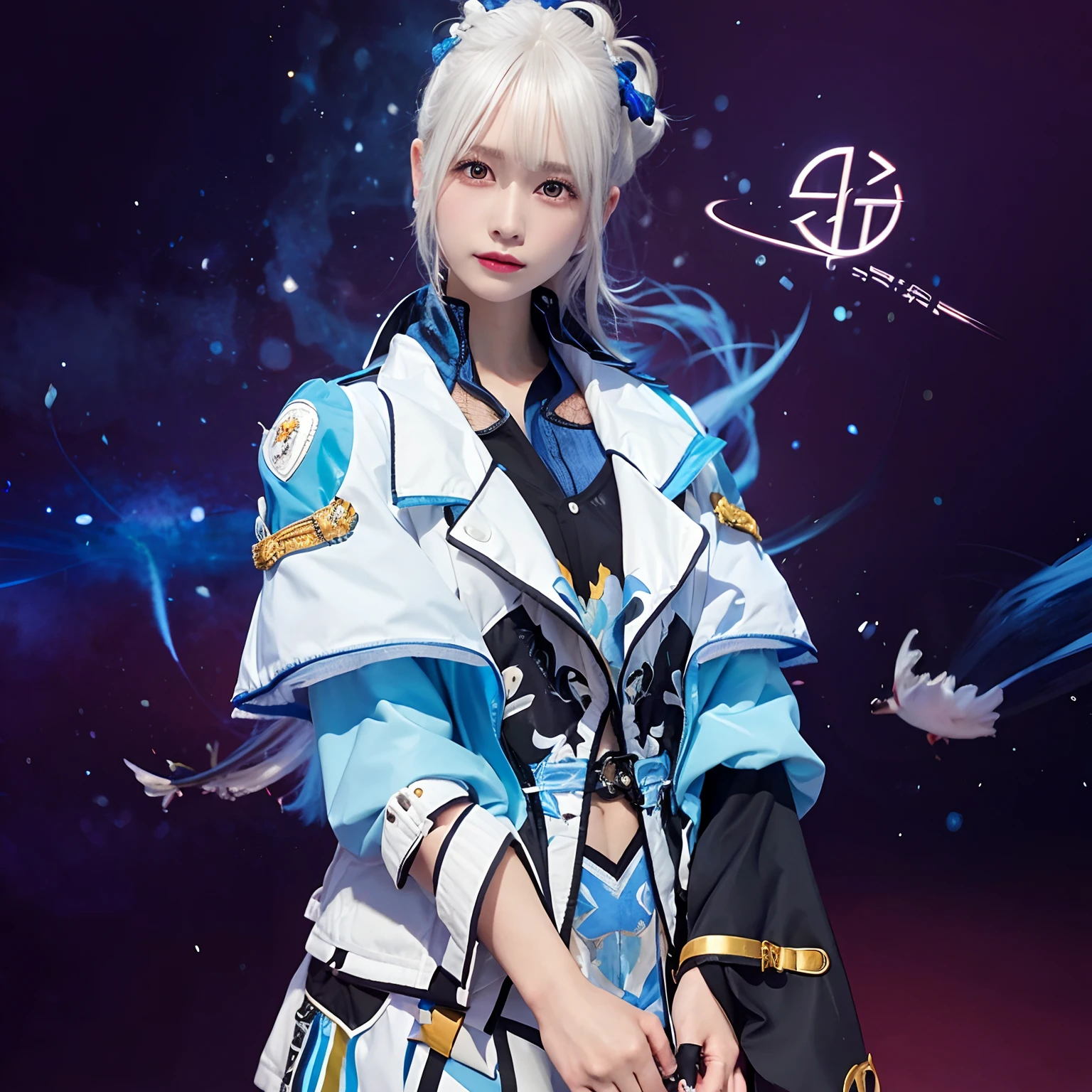 1.gril,white hair, jacket blue, realistic,ultra detail,