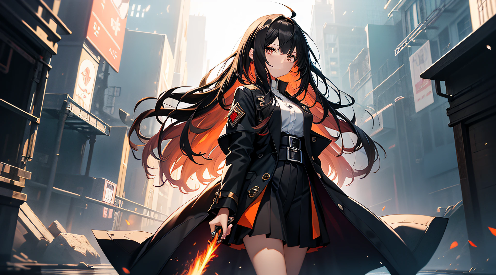 (Ultra-detailed, Perfect Pixel, Highrest, Best Quality), 20 years old anime girl, Smooth anime art style, Long crow hair, Slightly wavy hair, Parted bangs, Black hair, mages, Red orange eyes, long black coat, White shirt, Black skirt, nobles, Noble attire, Beautiful, Ethereal, Elegant, top-notch, Dark forest background, Particle effect, fire flame, Lightning, magical lights, magic sword, Standing, Half body