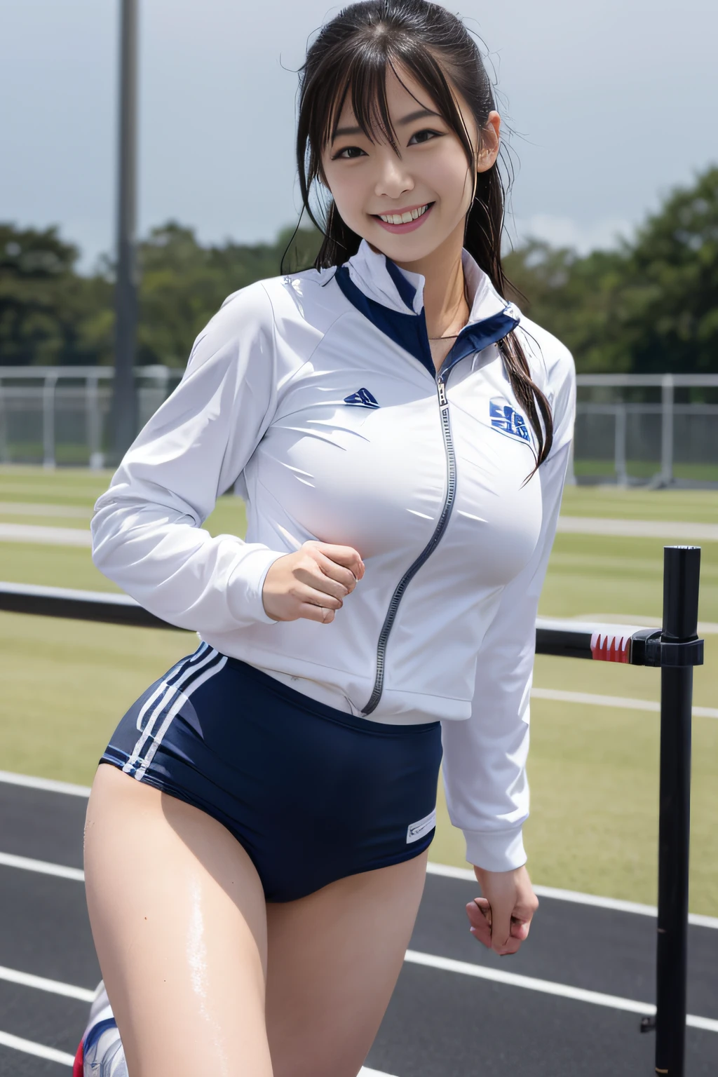 japanes、track and field、Smile、ultra gigantic tits、Gray uniform、a wet body、NSFW