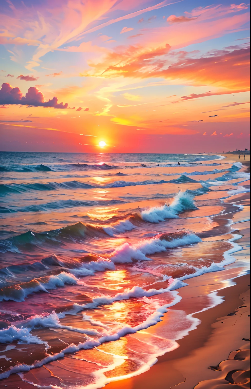 An absolutely mesmerizing sunset on the beach, with a mix of orange, pink, and yellow in the sky. The water is crystal clear, gently kisses the coast, and the white sand is endless. The scene is dynamic and breathtaking, with seagulls soaring high in the sky and palm trees swaying softly. Immerse yourself in the calm atmosphere and let the serenity surround you.