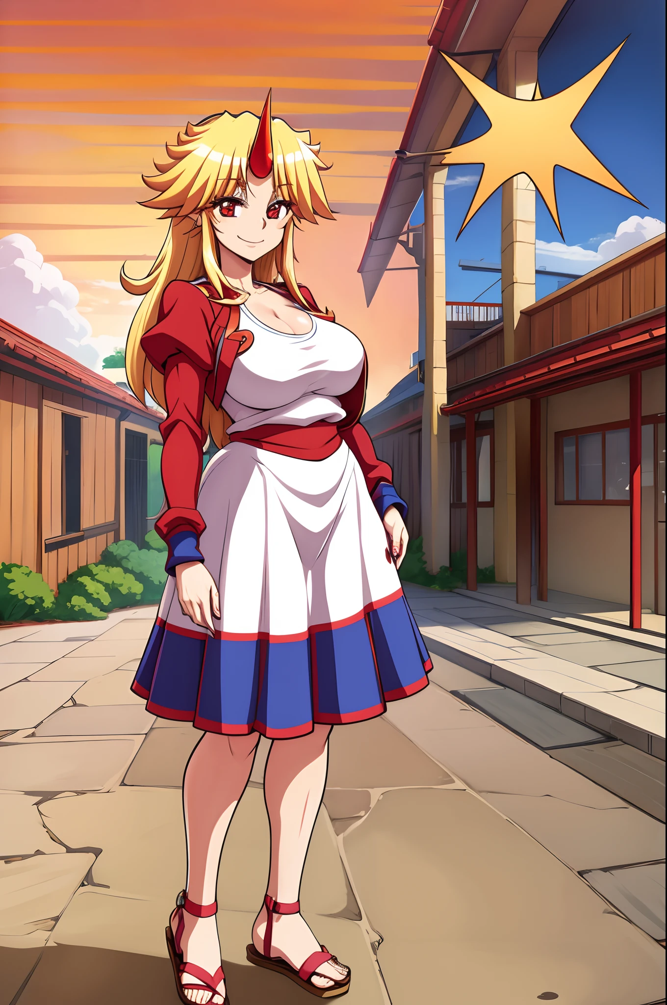 hoshiguma yuugi,medium breast , large skirt, traditional german clothing, bloon hair, red eyes, single horn,oni, closed pullover,long skirt,full body, standing, smile, flipflops