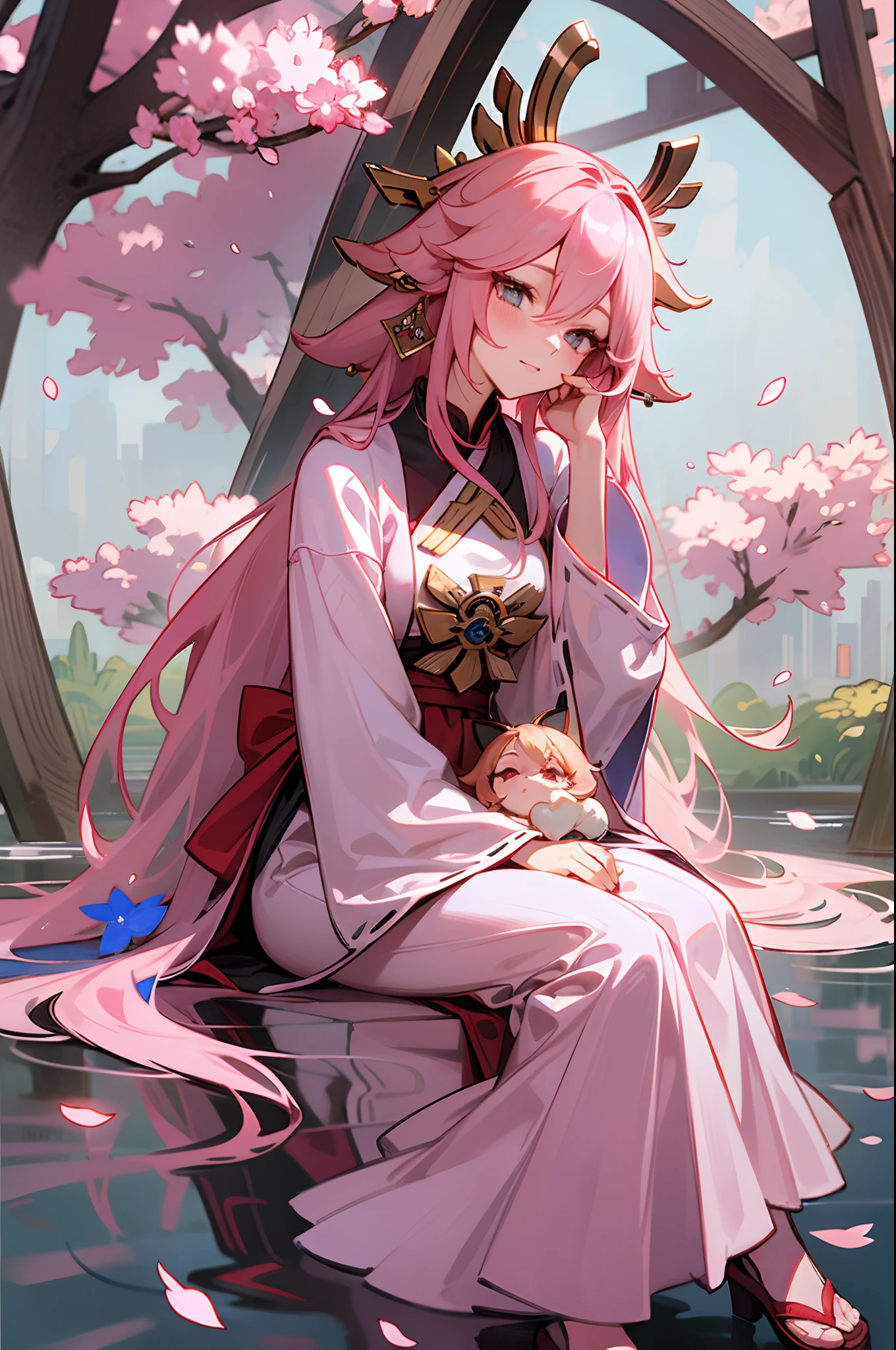 Best Masterpiece 1:1, High Detail, Full Body, A Girl, Pink Hair, Fox Ears, Lop Ears, Delicate Hair Accessories, Hand Tent, Super Long Hair, Hair Tied Up, Simple Background, Pink Long Sleeves, Long Skirt, White, Witch Dress, Delicate Details, Cherry Blossoms, Torii, Pond, Yae Miko