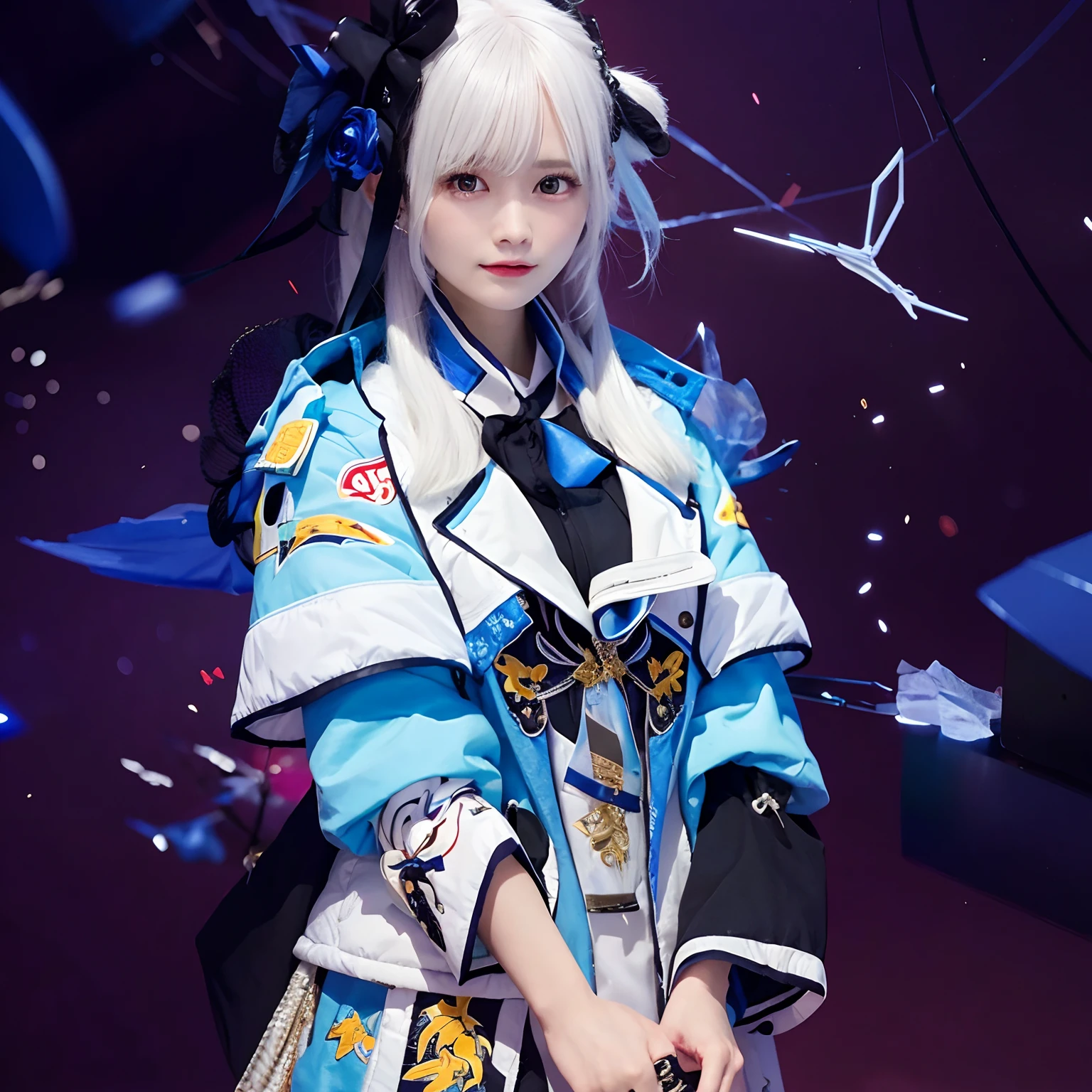 1.gril,white hair, jacket blue, realistic,ultra detail,