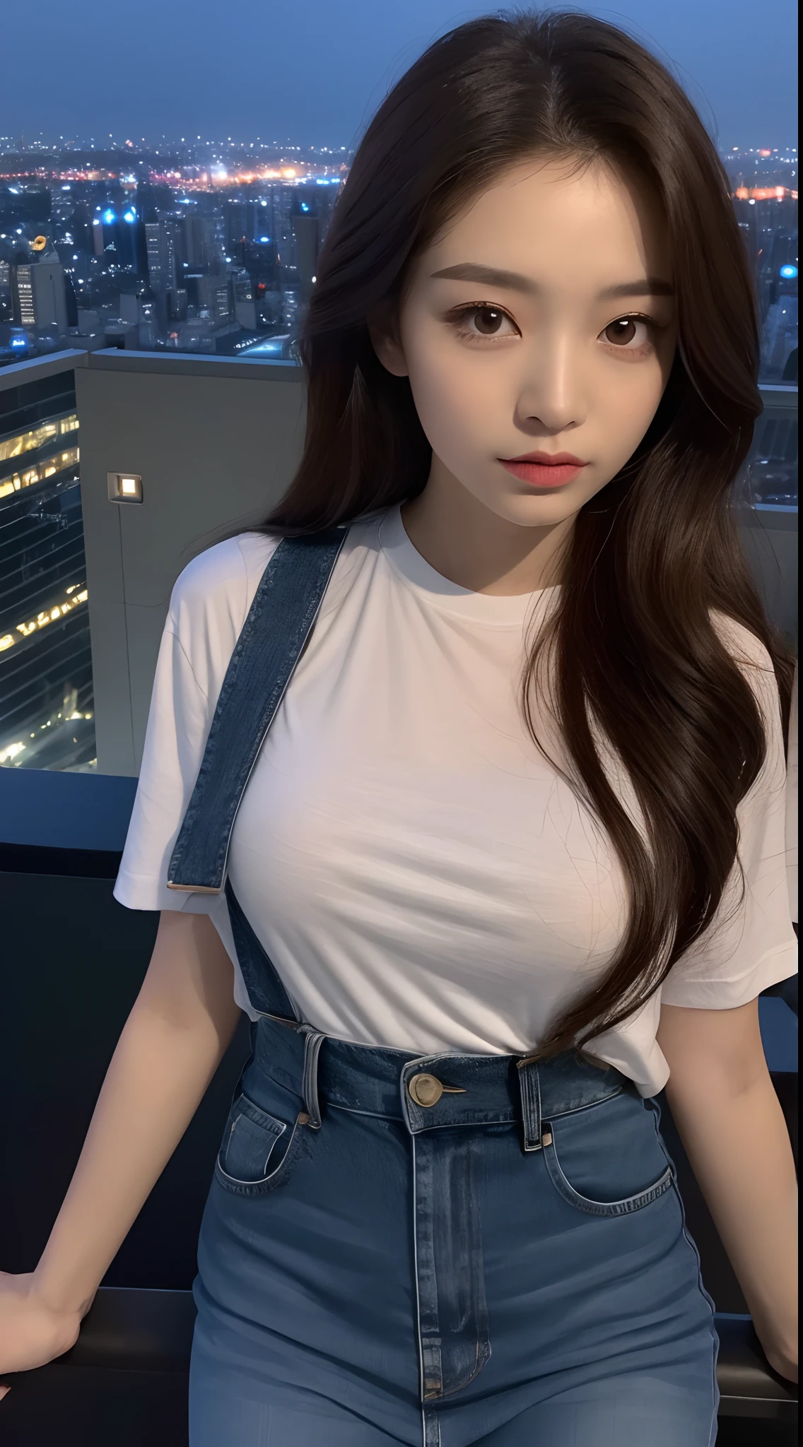 ((Midnight, Best quality, 8k, Masterpiece :1.3)), Whole body, Long legs, Sharp focus :1.2, A pretty woman with perfect figure :1.4, Slender abs :1.1, ((Dark brown hair,Gigantic breasts :1.2)), (White tight tshirt, Jean bib, Standing:1.2), ((Night city view, Rooftop:1.3)), Highly detailed face and skin texture, Detailed eyes, Double eyelid