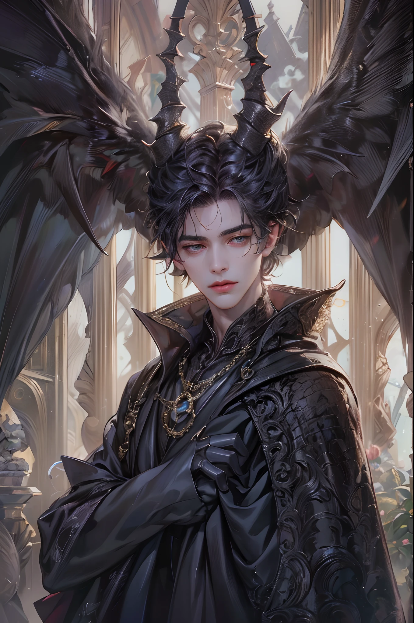 (absurdres, highres, ultra detailed, HDR), masterpiece, best quality, 1 boy , maleficent movie, boy character ,short hair, handsome face, anime eyes,detailed interior, detailed character