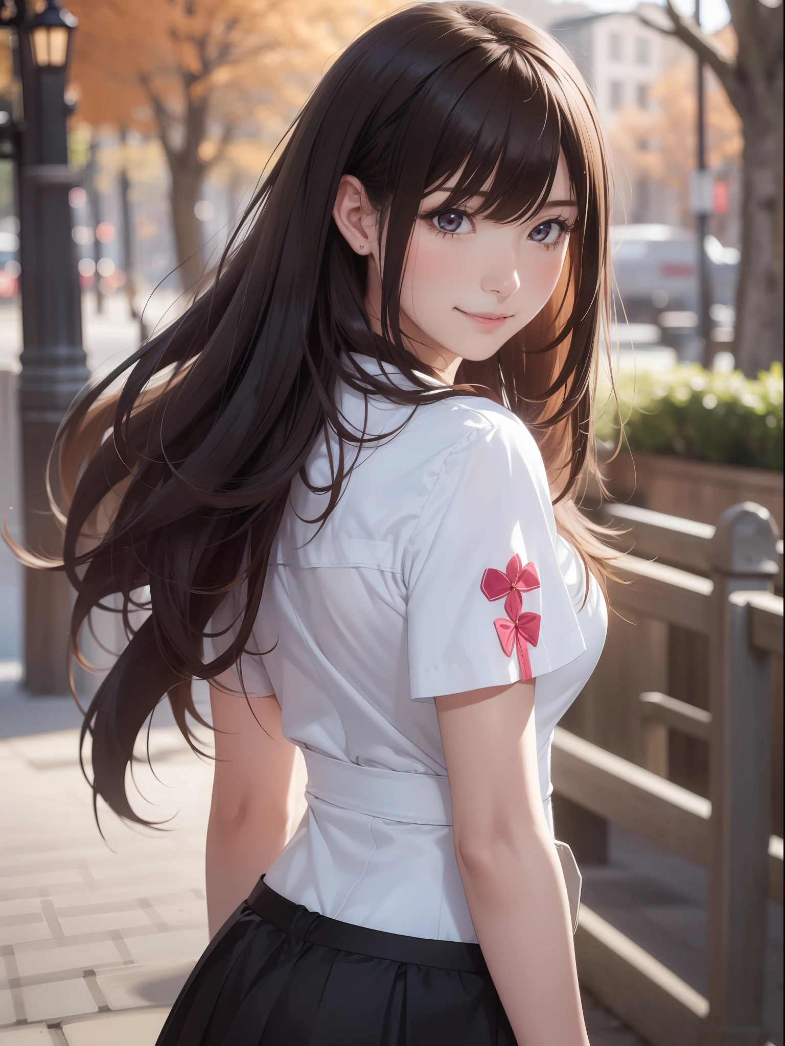 (1girl in:1.3), (Photorealistic:1.4), (masutepiece, of the highest quality, Best Quality, Official art), ighly detailed, highest details, (Ultra-detailed), ((extremely delicate and beautiful)), Cinematic Light, Colossal tits, Silky long hair, (Brown hair), She is walking in the park, in the evening, Sewn, Skirt, Upper body, From above, Shy, Smile, (Looking back:1.4), 26 years old