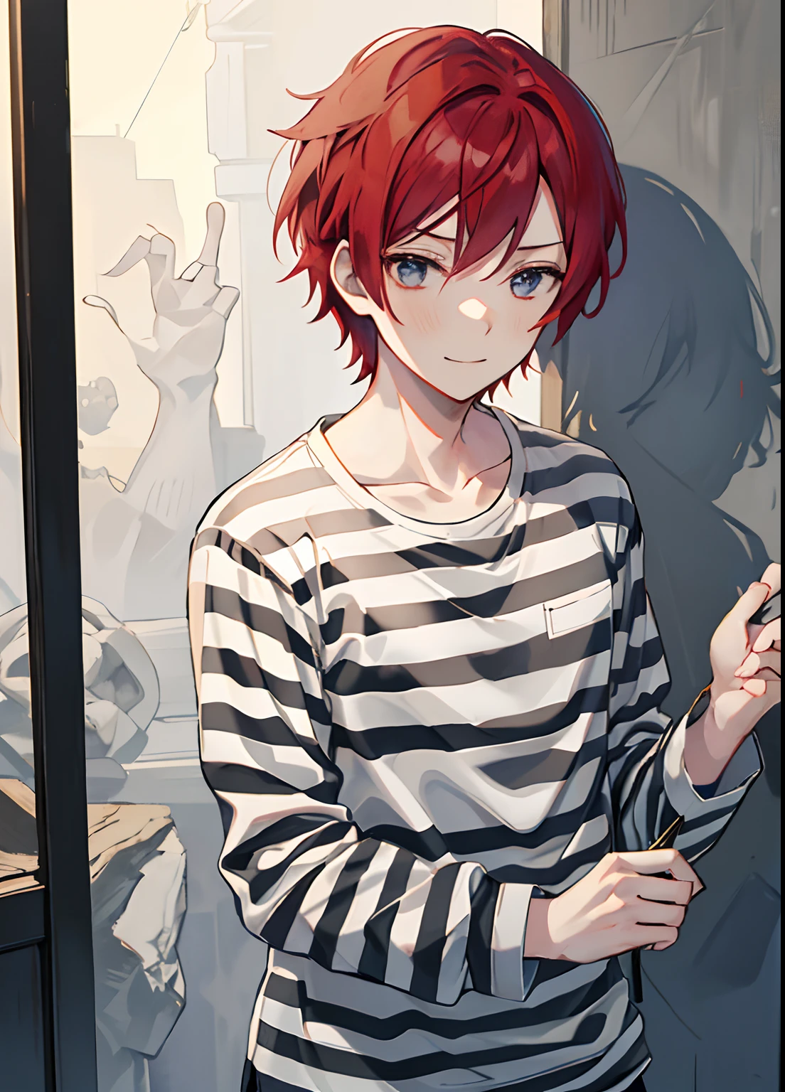1guy, Handsome man, Solo,Very short red hair, red hair, up looking_で_viewer, ((masutepiece,Best Quality)), Beautiful detailed eyes, beautifull detailed face、Sleepy face、sleepy expression、A slight smile, (((priclothes))), (((striped clothes))), shirt, outfit, (long sleeves), prisoner, clothes, clothing, black and white stripes, prison cell