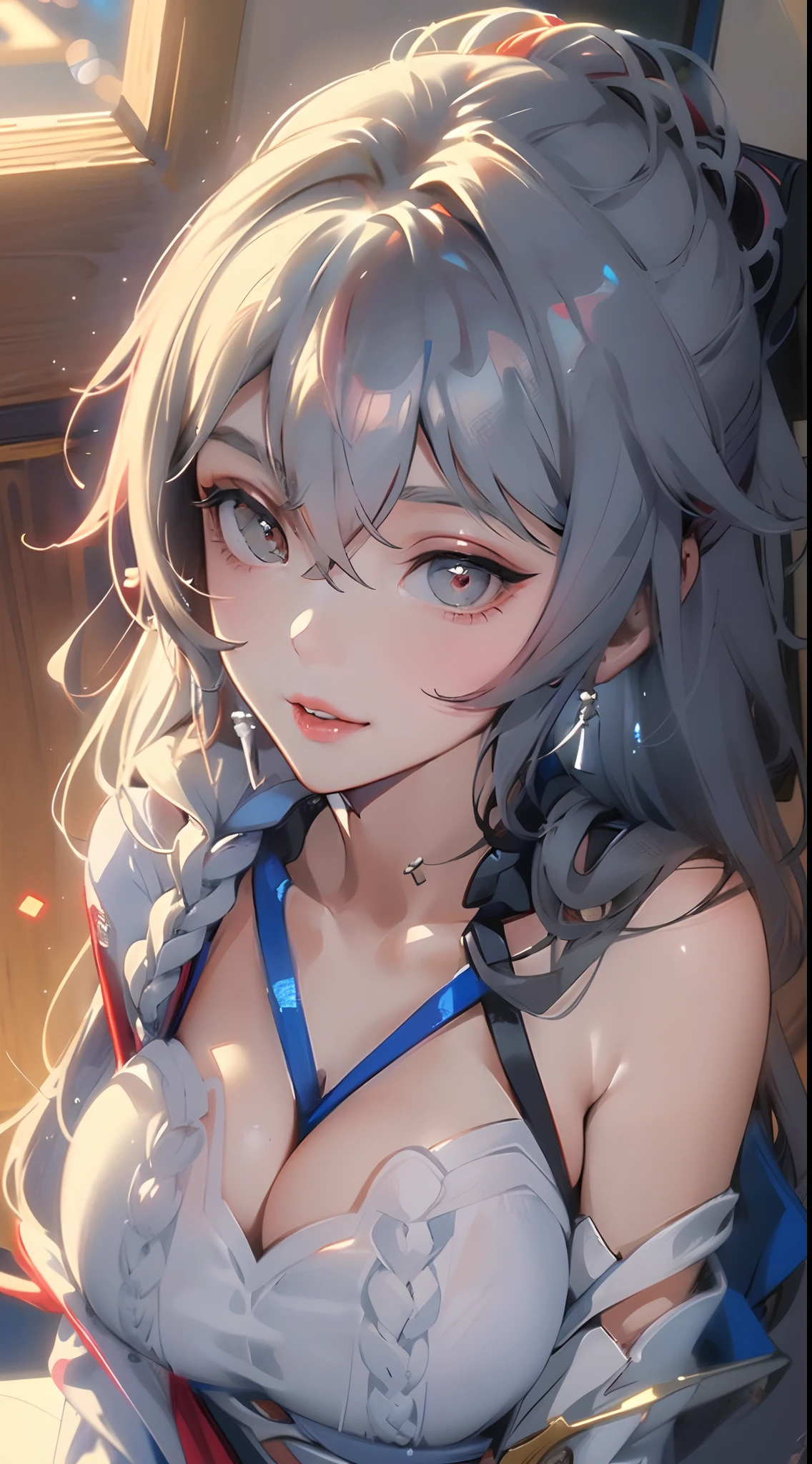 (Best Quality, 8k, 32k, Masterpiece, UHD:1.3), (Photo of Attractive Japanese Woman), ((1 Girl)), ((moderate Boobs)), Abs, Perfect Body, Ultra Detailed Face, Detailed Lips, Fine Eyes, double eyelids,, (seductive), ((aroused:1.5)), ((in heat)), ((milf)) sexy girl, beautiful girl, jaw-dropping beauty, (silver long hair:1.2)),  scifi woman, in (white sweaters), ((close up to face and breast)), smiling beautifully, in mecha cockpit, sunlight illuminated her beautiful face, fox ears,