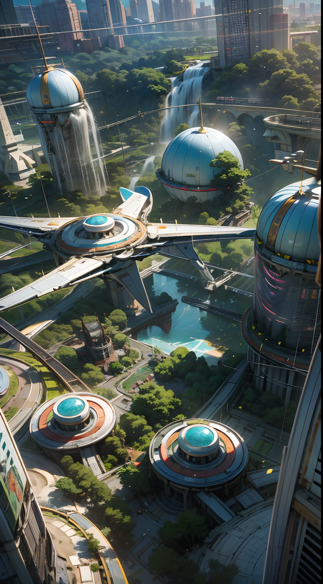 Ultra photo realsisim,Hyper-detailing,Ultra-wide-angle picture,24th century,sci fi city,and the sun was shining brightly,jungles,The fusion of the future technology city and nature,Architectural geometry,Suspended circular aircraft,Roads that lead in all directions,highly detailed surreal vfx,Smudge,Faraway view,super-fine,ultra - detailed,high qulity,8K ,oc rendered,dynamic viewing angle