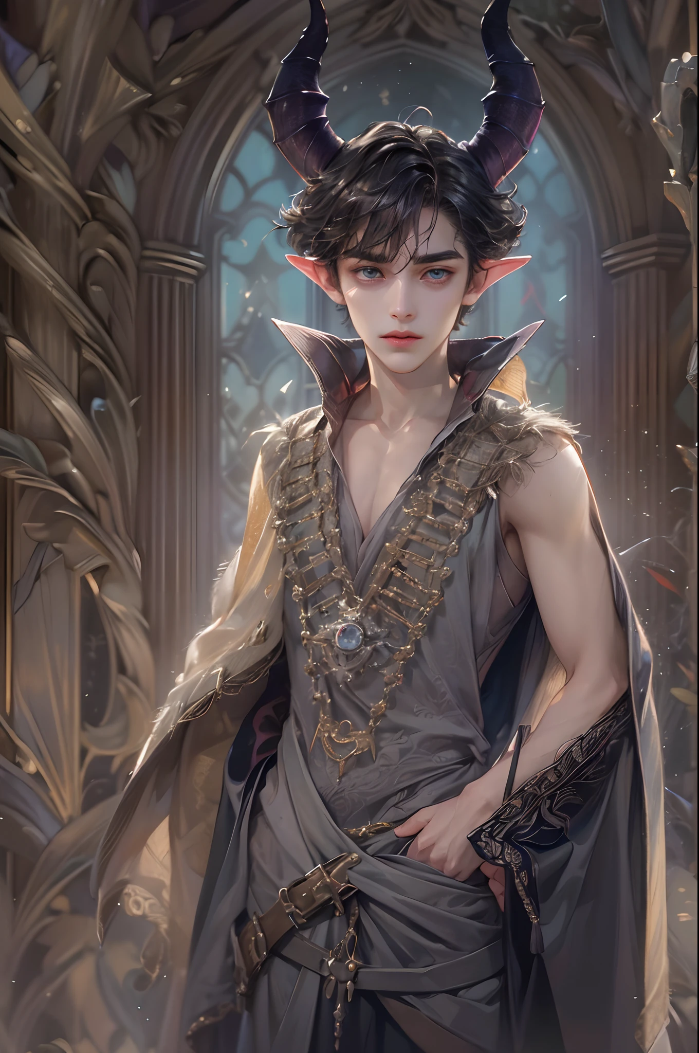 (absurdres, highres, ultra detailed, HDR), masterpiece, best quality, 1 boy , maleficent movie, boy character ,short hair, handsome face, anime eyes,detailed interior, detailed character