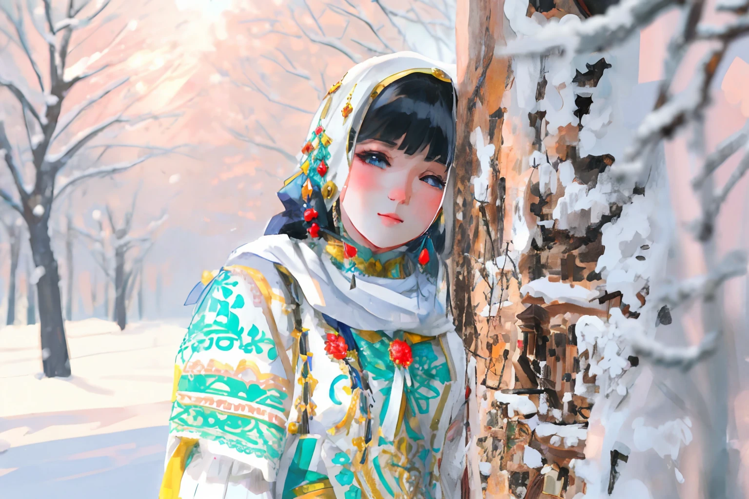 A woman in traditional dress leaned against a tree in the snow, traditional russia, ukrainian girl, slavic style, Ukrainian national dress, russian costume, traditional costume, traditional dress, Ukraine. photografic, Russian clothes, Ukrainian national costume, anna nikonova, Slavic!!!, slavic folk fairytale, Slavic, Slavic traits, Ukrainian