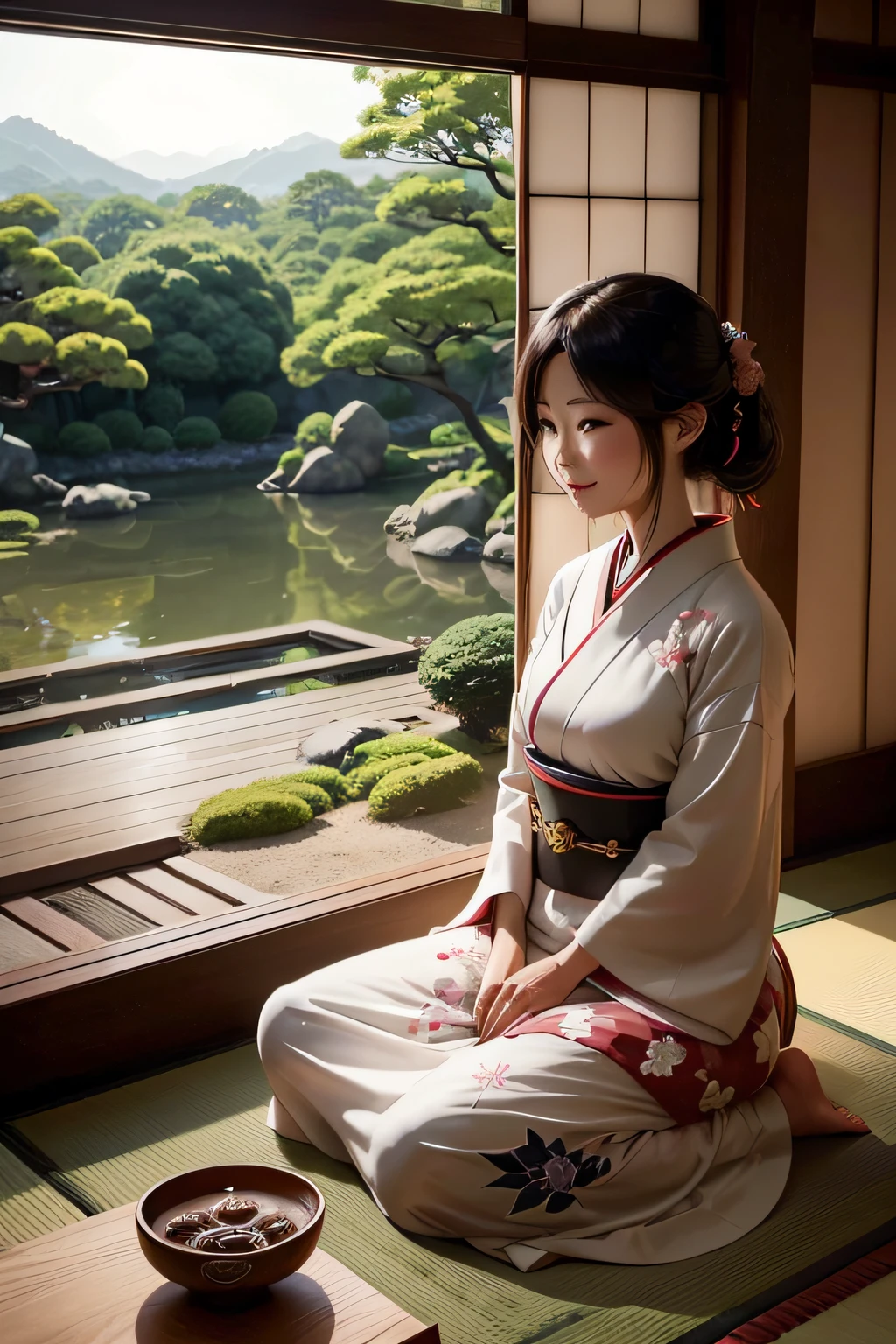 40Female Generation Japan mix Sitting in a Japanese-style room composure tolerance Clean appearance Nature view from the window 8K Smile