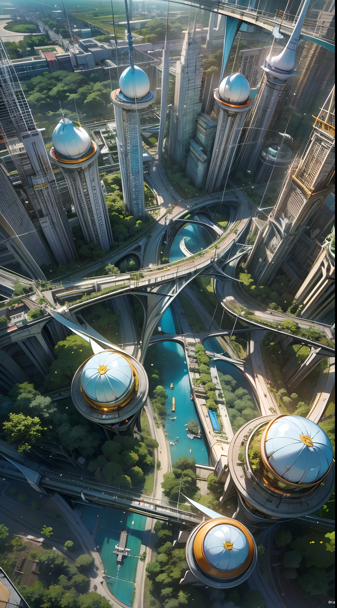 Ultra photo realsisim，Hyper-detailing，Ultra-wide-angle picture，24th century，sci fi city，and the sun was shining brightly，jungles，The fusion of the future technology city and nature，Architectural geometry，Suspended circular aircraft，Roads that lead in all directions，highly detailed surreal vfx，Smudge，Faraway view，super-fine，ultra - detailed，high qulity，8K ，oc rendered，dynamic viewing angle