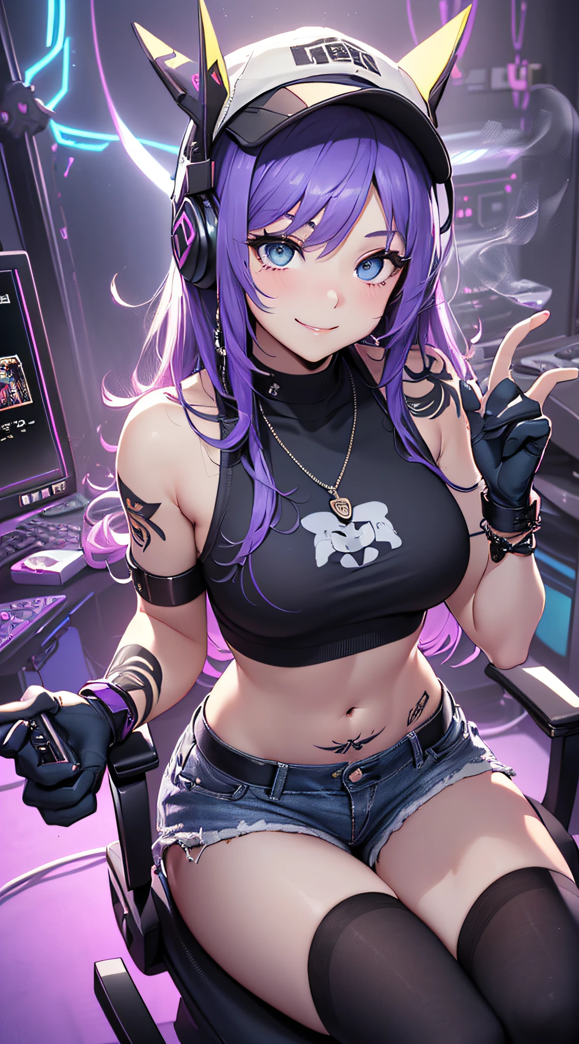 top-quality、Top image quality、​masterpiece、girl with((18year old、Cool hat、Tattoo on the right shoulder、Black Navel Tank Top、White shorts、Best Bust、Bust 85、Purple hair、Longhaire、Blue eyes、open chest wide、Happiness、Chain Accessories、Black wristband on wrist、sit a chair、A slender、A smile、Have a controller、sexypose、gaming headphone、Smoke)）hiquality、American comic book style、Background with((Neon colored room、Gaming PC、Gaming Desk、Gaming Chair、Gaming bed、gaming console))、masutepiece、Depth(lightning bolt)