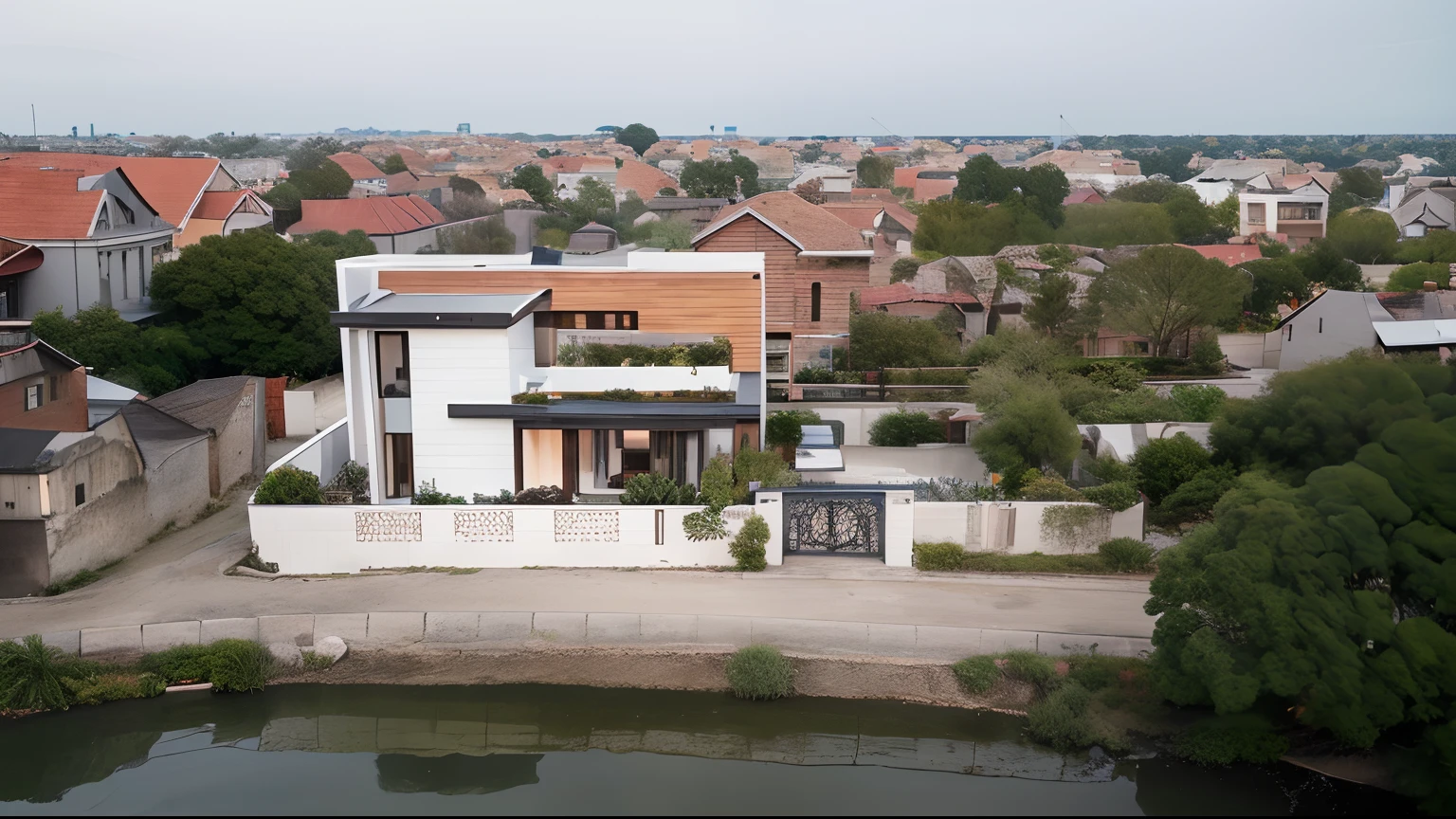 modernvilla, mabuilding, front, architecture, brick and metal, photo of a house, architecture, beautiful, masterpiece, best quality, super detailed, realistic, photorealistic, 8k, sharp focus