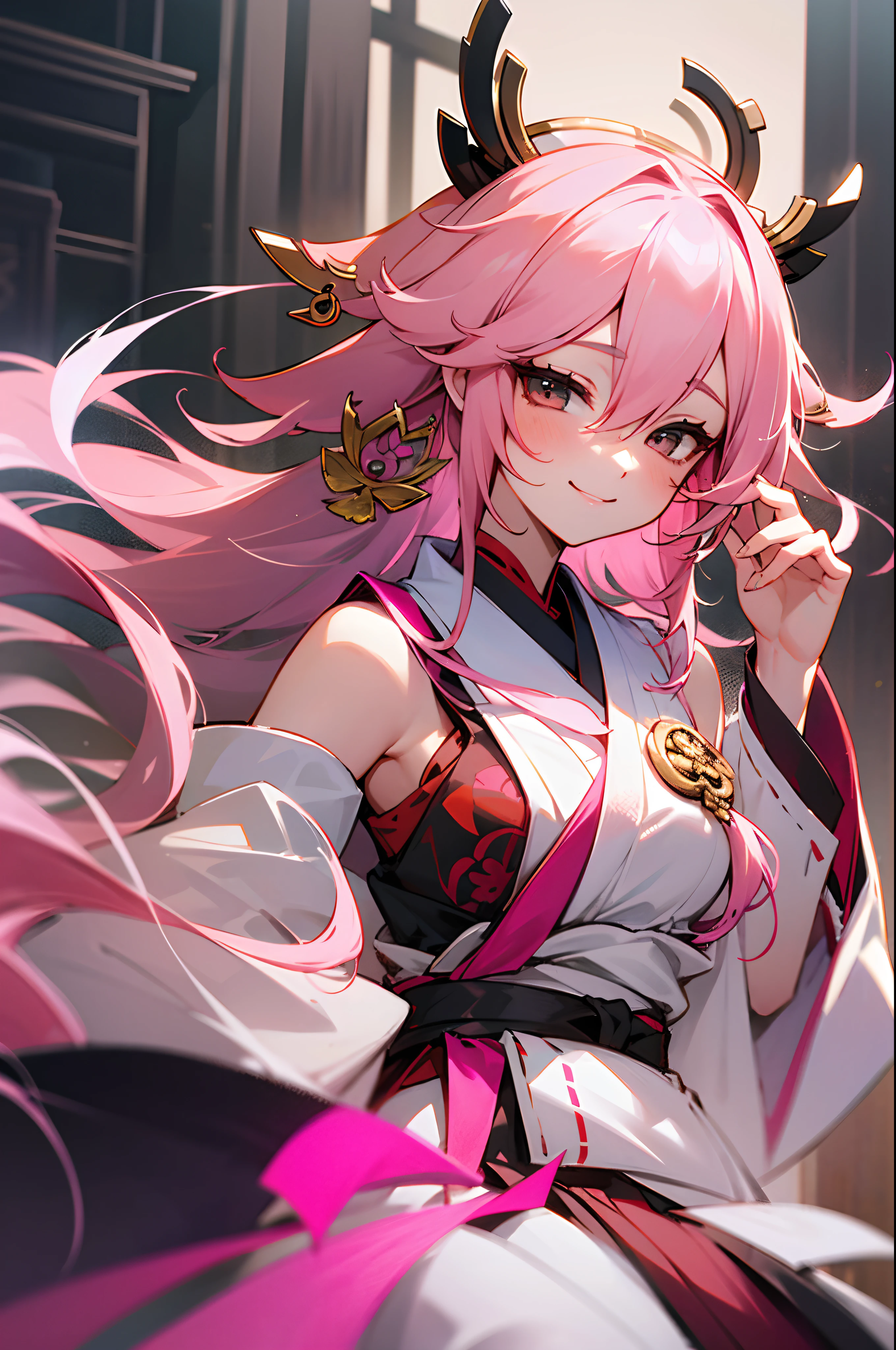 Best Masterpiece 1:1,high detal,full bodyesbian,one-girl,A pink-haired,fox ear,lop eared,Delicate hair accessories,Hand account,extra very long hair,Hair tied up,simplebackground,Long pink sleeves,long skirt,white colors,shrine maiden clothe,exquisite detailing,SakuraNS,torii,ponds,yae miko ,A healing smile