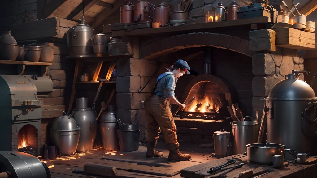 Blacksmith in a forge" Step into a traditional blacksmith's forge, Eleanor, a skilled craftsman, Wear sturdy overalls, Precision forged metal. The orange glow of the furnace and the rhythmic sound of the hammer illustrate the important role of craftsmen at the time.