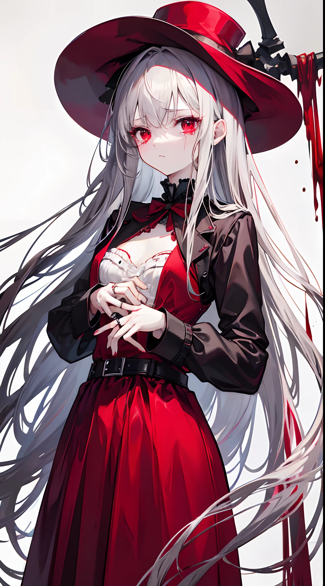 Expressionless,Full body like,D cup, Red Victorian style dress, Red Gothic hat, Blood red eyes, Tears, grey long hair, A bandage is wrapped around his right hand, A skeleton ring hangs from his chest, Blank background, Simple background