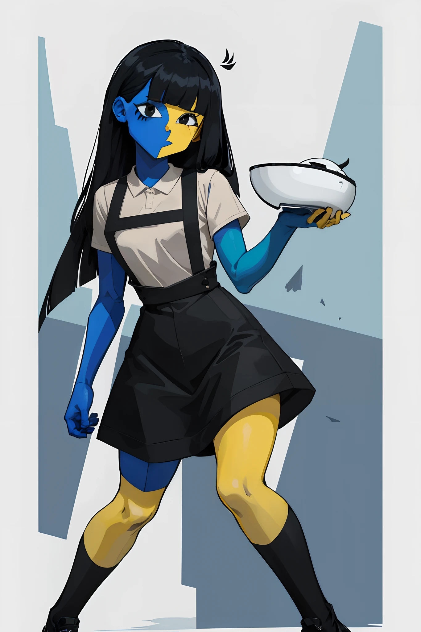 ENA (Joel G), split color body (blue on right, yellow on left), white t-shirt, black skirt with overall straps, 1girl, black eyes, black socks (thigh-high on right, ankle on left), black shoes, grain effect on hair, perfect anatomy, solo, better hands