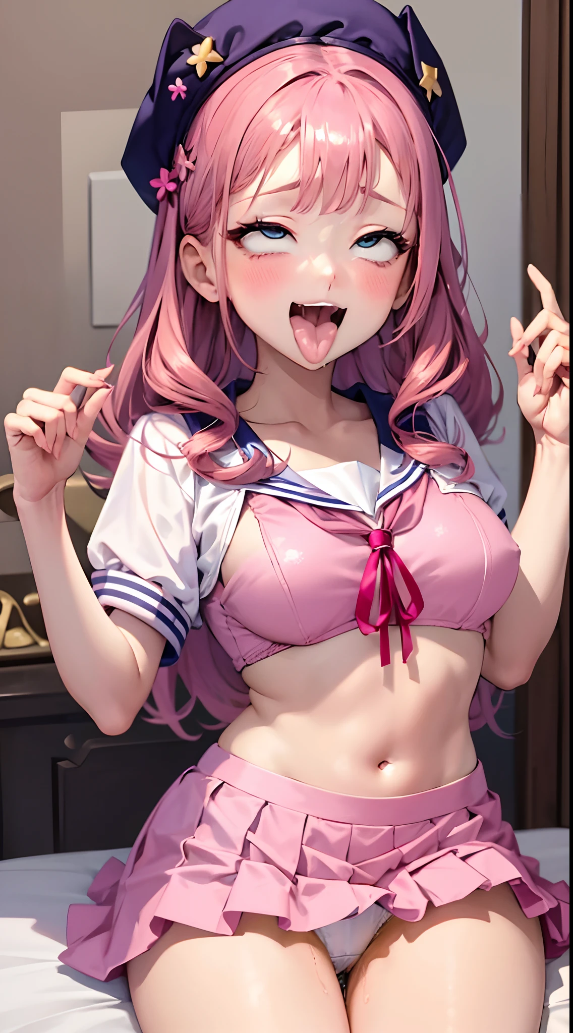 Beautiful illustration、top-quality、 s、Bedroom、A pink-haired、length hair、(((Pink pleated skirt)))、(((pink sailor suit)))、shortsleeves、Colossal tits、a navel、Flipping up the skirt with your hands、Show white panties、Pull up your skirt and show your panties、bare-legged、blue eyess、on the beds、lovely thighs、glowing thigh、Open your mouth and shout、sticking out the tongue through the mouth、Squat and open legs、Huge big、fullnude、pubick hair、Jets a lot of pee、Tight sailor suit