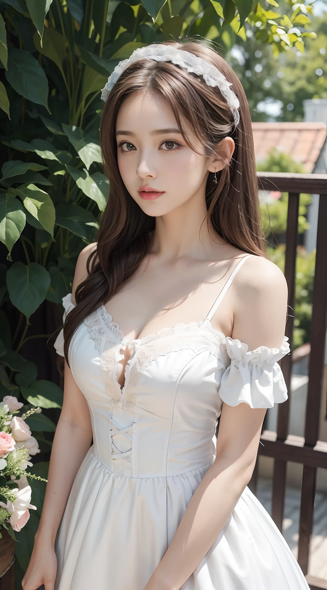 (8K, RAW photos, best qualtiy, tmasterpiece:1.2),(realisticlying, photograph realistic:1.4)
(Lolita costume),Lace, Aerith Gainsborough, The upper part of the body, undergarments,exposed bare shoulders, do lado de fora, Old castle,Brown hair, high high quality, Adobe Lightroom, highdetailskin, looking at viewert,