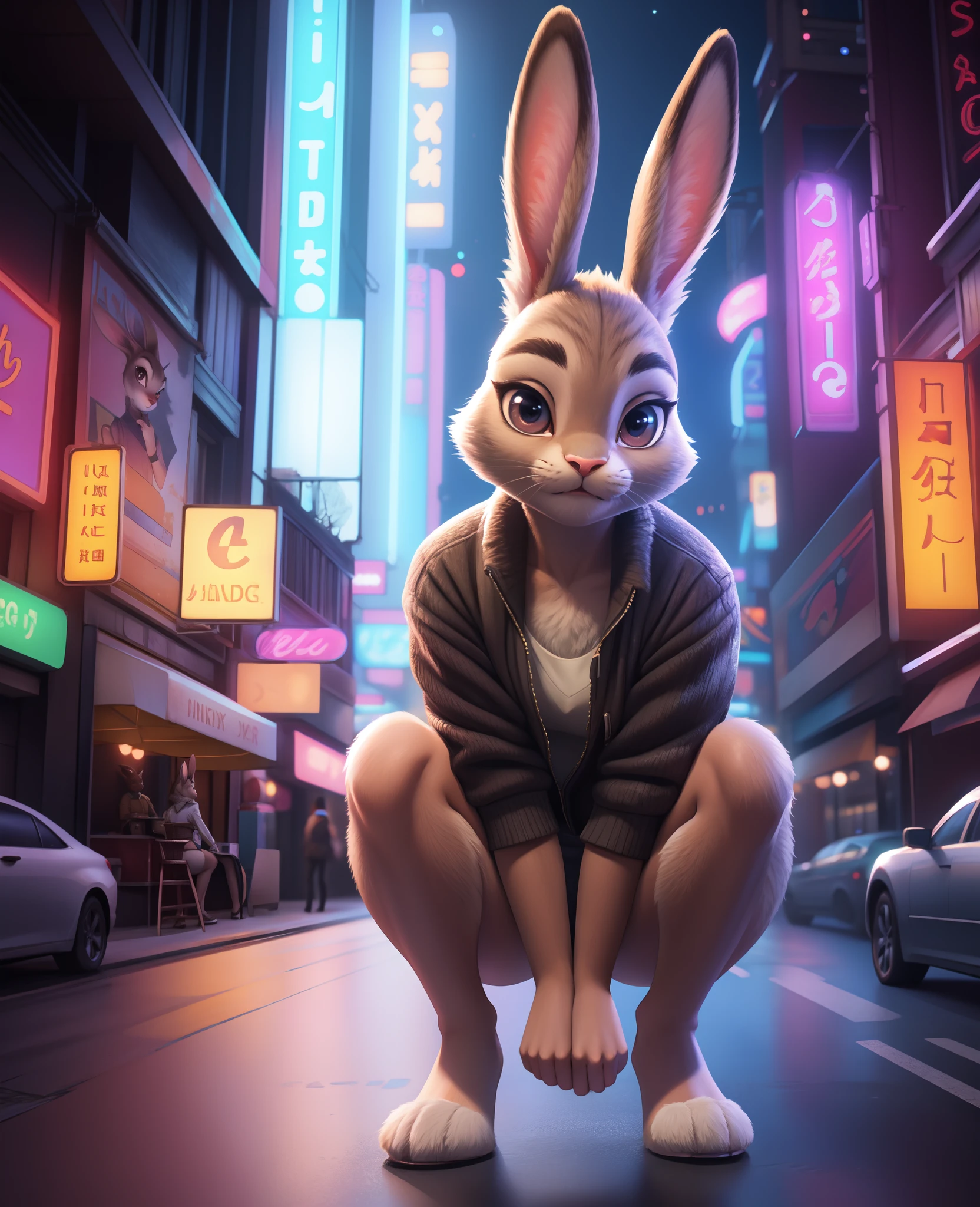 feral fur, anthro, judy, solo, female, adult, (Detailed face), (solo:1.1), ((anthro, humanoid)), [(thin:1.1) : small petite : (Judy rabbit:1.2):4], (Detailed face), (anthropomorphic legs, anthropomorphic hands:1.1), (solo), (bedroom eyes, realistic fur, detailed background, neon city background, realistic, photorealistic, ultra realistic, 8k, furry, fur