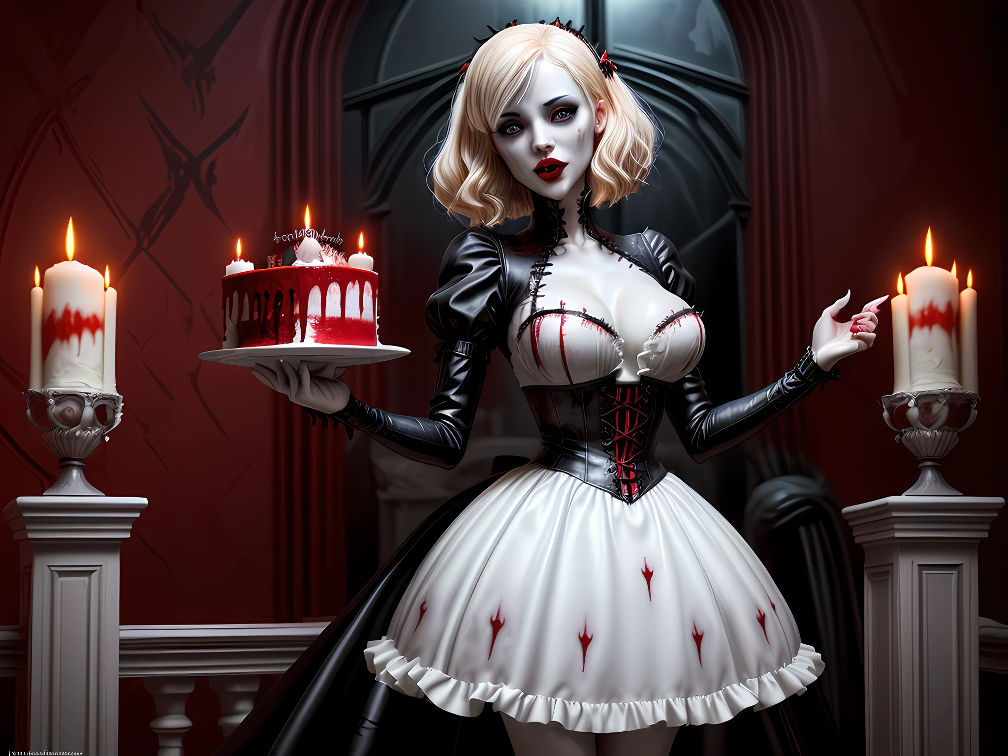 a 3D picture of extremely (beautiful (1) female vampire: 1.4) looking at (red MasterChef style cake: 1.5), an exquisite (1) beautiful vampire, full body, ultra feminineת (ultra detailed face: 1.2), blond hair, short hair, pale skin, red lips, blue eyes, (vampiric fangs: 1.2) wearing sexy white seductive latex dress, blood stains on the dress, looking at a red Bakeoff, award winning cake, 2 floors, decorated with red whipped cream, and artful stylish decorations, blood dripping from the cake, dark castle style kitchen background, dim candles light, dark fantasy art, gothic art, dynamic angle, best details, best quality, 16K, [ultra detailed], masterpiece, best quality, (ultra detailed), full body, ultra wide shot, photorealistic, 3D rendering,