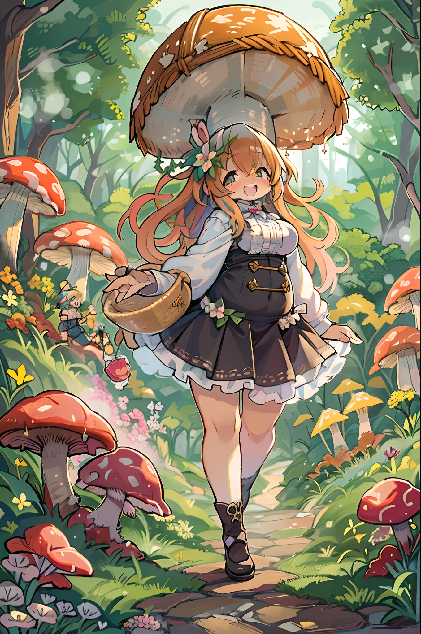 eyesight, (Three tas: 2) Stable diffusion is the best image quality, morning sunlight, Spring landscape, Dew and flowers, flying hair, Live in a fairytale dreamland with mushrooms, trip, Running, and laughing. forest pathway,huge-breasted、bbw,Large Thigh
