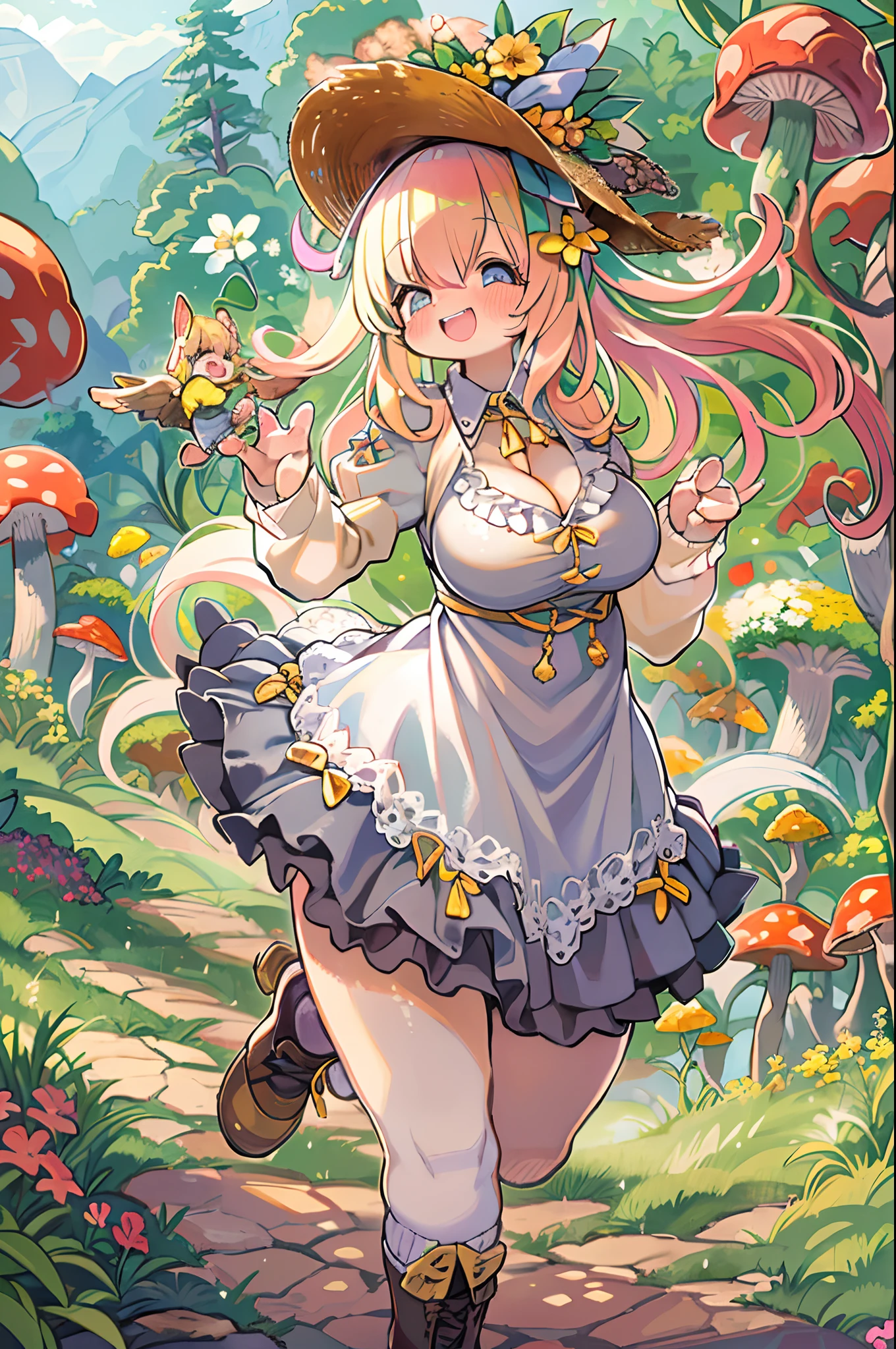eyesight, (Three Lolitas: 2) Stable diffusion is the best image quality, morning sunlight, Spring landscape, Dew and flowers, flying hair, Live in a fairytale dreamland with mushrooms, trip, Running, and laughing. forest pathway,huge-breasted、bbw,Large Thigh
