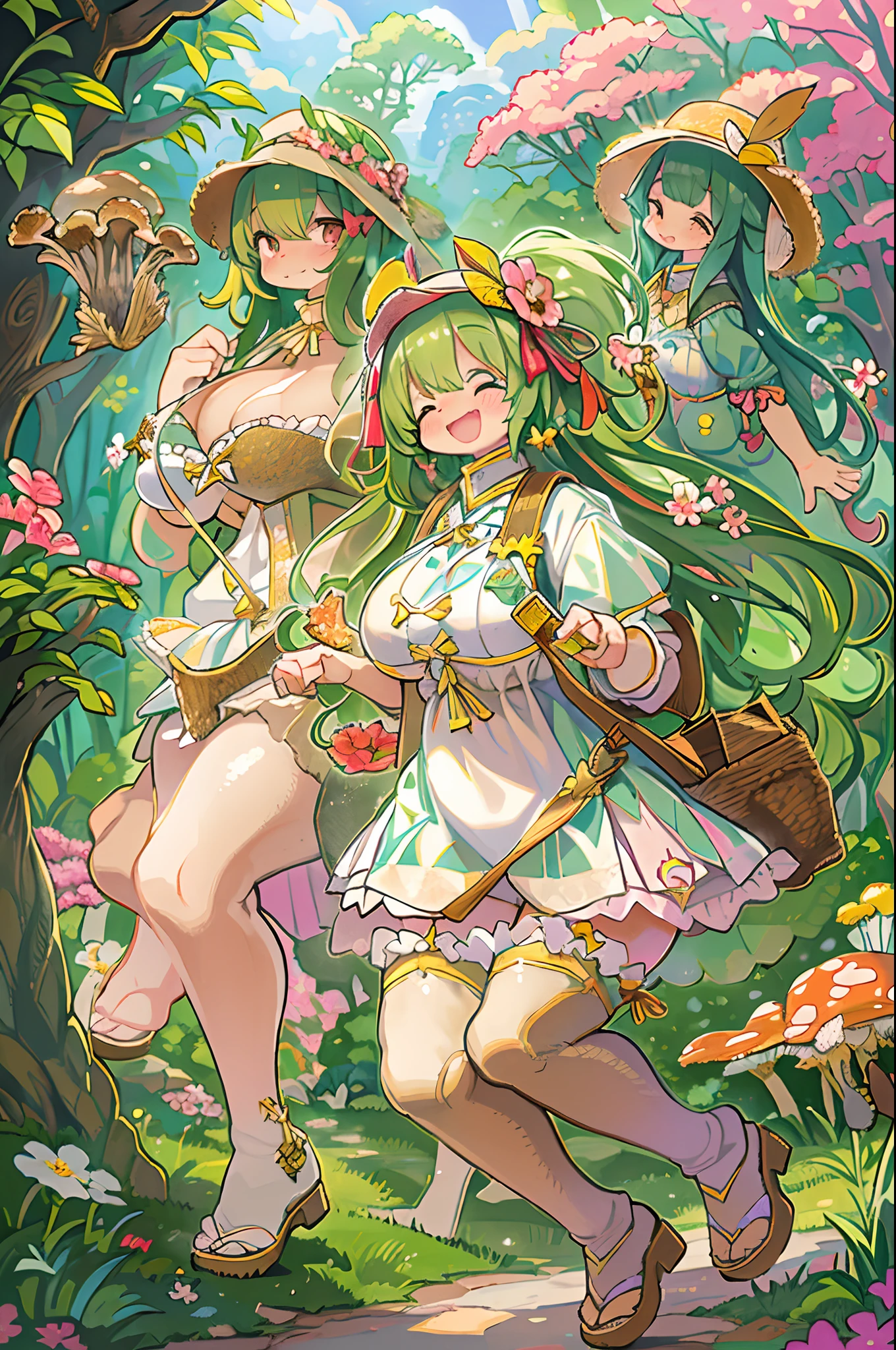 eyesight, (Three tas: 2) Stable diffusion is the best image quality, morning sunlight, Spring landscape, Dew and flowers, flying hair, Live in a fairytale dreamland with mushrooms, trip, Running, and laughing. forest pathway,huge-breasted、bbw,Large Thigh