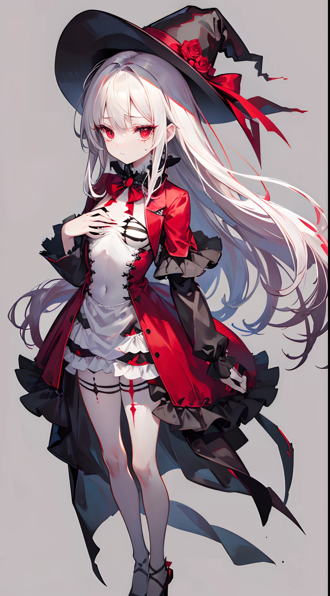 Expressionless,Full body like,D cup, Red Victorian style dress, Red Gothic hat, Blood red eyes, Tears, grey long hair, A bandage is wrapped around his right hand, A skeleton ring hangs from his chest, Blank background, Simple background