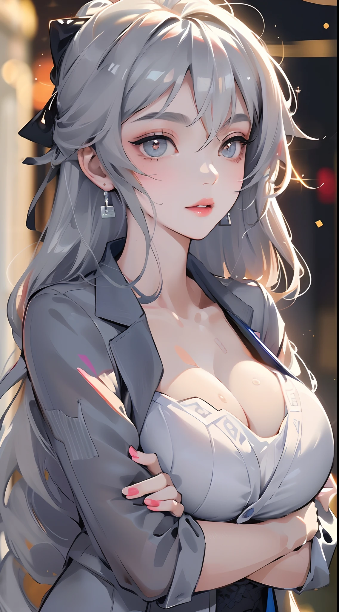 (Best Quality, 8k, 32k, Masterpiece, UHD:1.3), (Photo of Attractive Japanese Woman), ((1 Girl)), ((Moderate Boobs)), Abs, Perfect Body, Ultra Detailed Face, Detailed Lips, Fine Eyes, double eyelids, ((milf)) sexy girl, beautiful girl, jaw-dropping beauty, (silver long hair:1.2)), Office Lady, ((close up to face)), smiling beautifully, sunlight illuminated her beautiful face, grey blazer, crossing her arms, in a bath, body submerged in bath