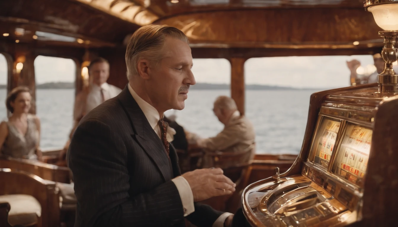 a bad man, smashing slot machines, on a boat in the 1930s