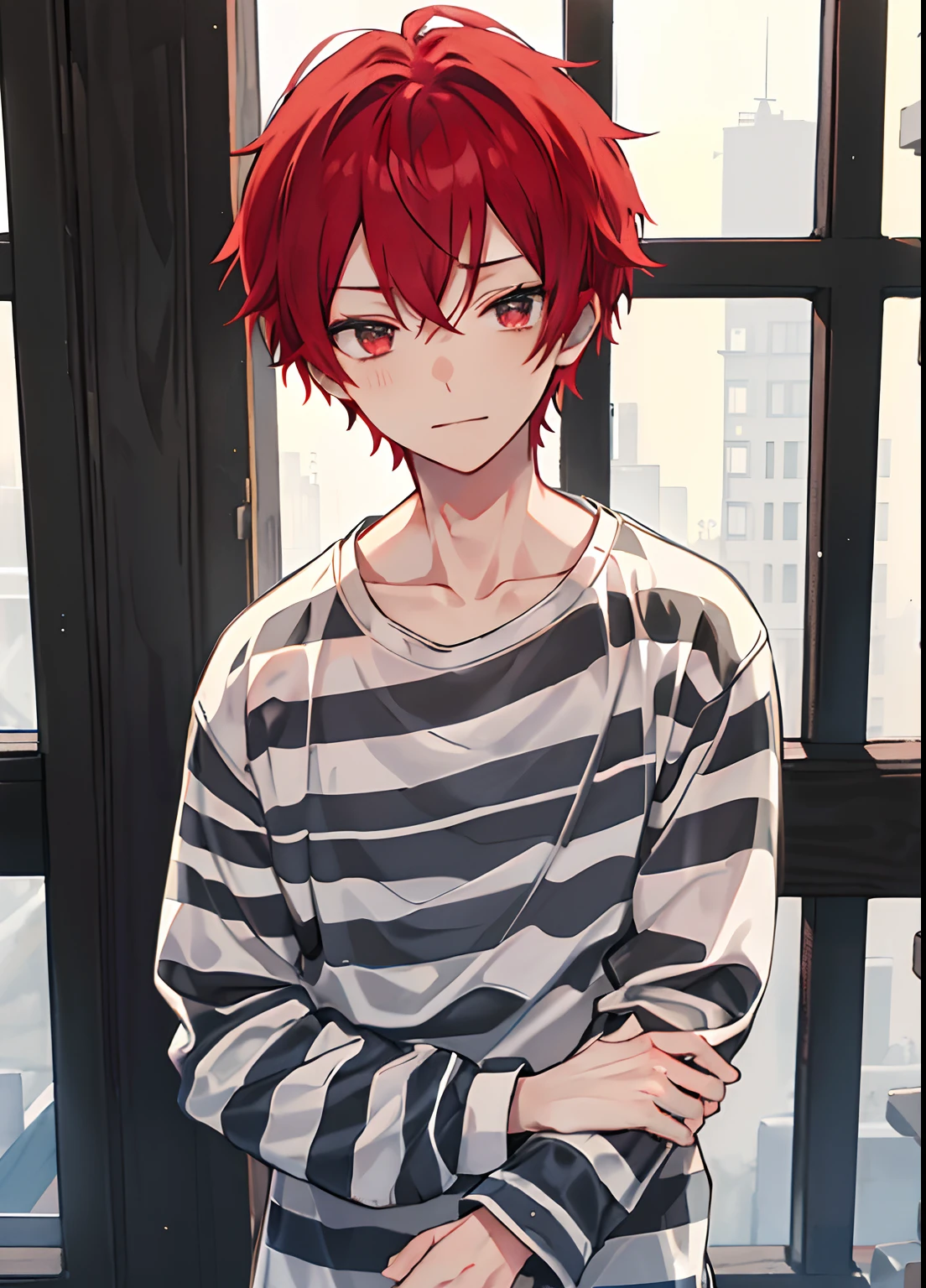 1boy, Handsome man, Solo,Very short red hair, red hair, up looking_で_viewer, ((masutepiece,Best Quality)), Beautiful detailed eyes, beautifull detailed face、Sleepy face、sleepy expression、A slight smile, (((priclothes))), (((striped clothes))), shirt, outfit, (long sleeves), prisoner, clothes, clothing, black and white stripes, prison cell