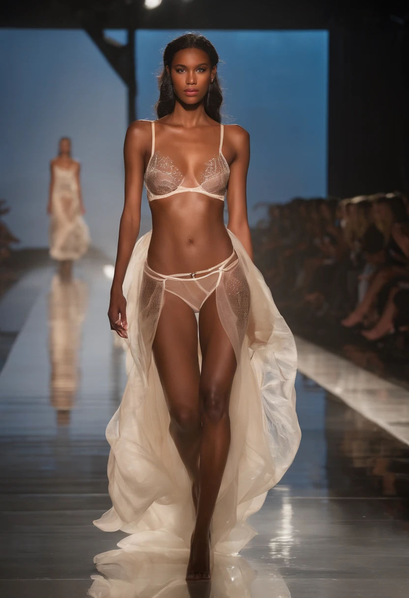 Generate a collection of translucent and transparent, liquid fire, lingerie on models to promote mental health awareness on fashion show runway. The collection should be both visually striking and meaningful, and it should convey a message of hope and resilience. The collection should be sustainable and ethical, made from recycled materials or produced in a fair labor environment. With light inside.