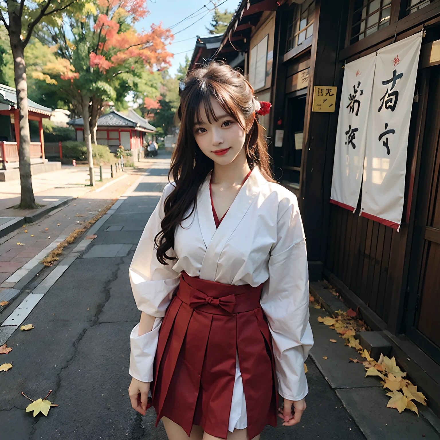 Woman in red skirt and white shirt is taking pictures, japanese girl school uniform, hakama kimono, Japan school uniform, Collar white and red, A Japanese style, Red kimono, Japanese style, traditional japanese, Wearing Hakama, japanese kimono,Outdoor background,Beautiful autumn leaves in the background,Autumn leaves in the background , Ultra-high image quality,No bra,feet visible ,You can see the valley ,cleavage of the breast ,Furisode ,Wide sleeves ,Wearing a priestess uniform ,Chest revealed ,The chest is visible ,japanes ,Natural smile ,wide open legs ,opening legs