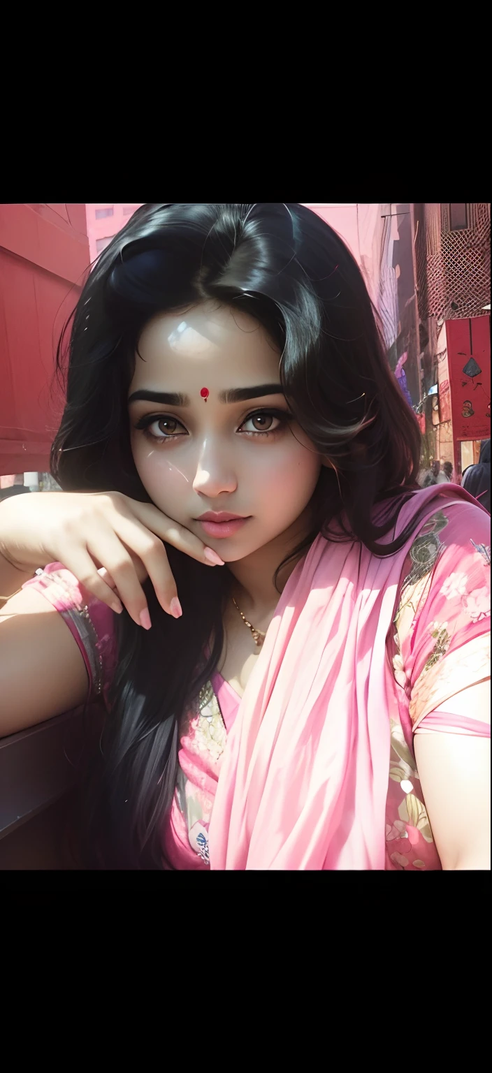 (((desi girl))), chubby face, natural skin, wearing hot deep neck top and dupatta, charming black hair, ((hair ends are blonde)), city streets background, bokeh