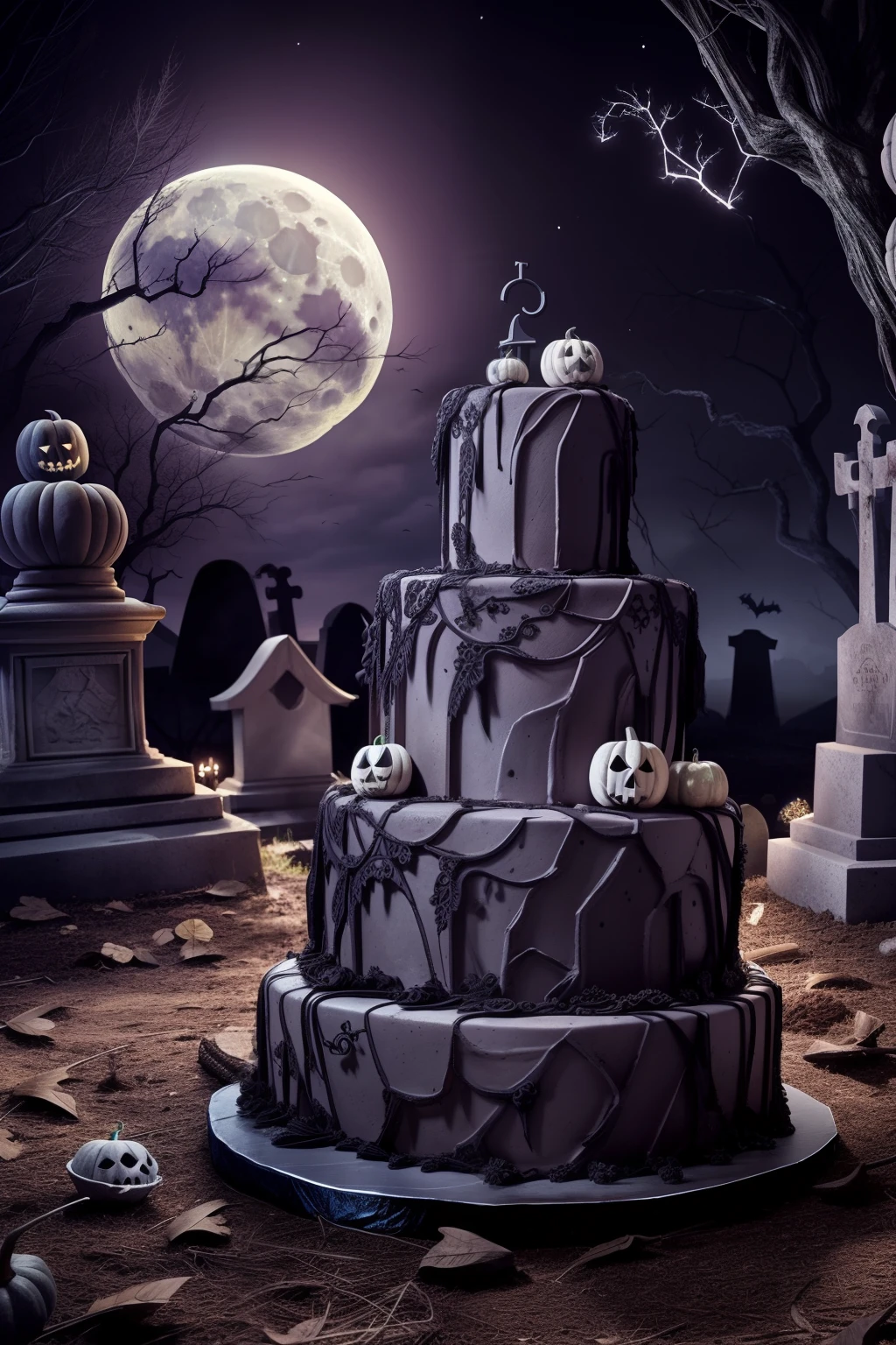 Photo of (creepy) cake in a (spooky) graveyard, moon, style of tim burton, elaborate intricate detailed high quality highres dramatic lighting 8k high saturation