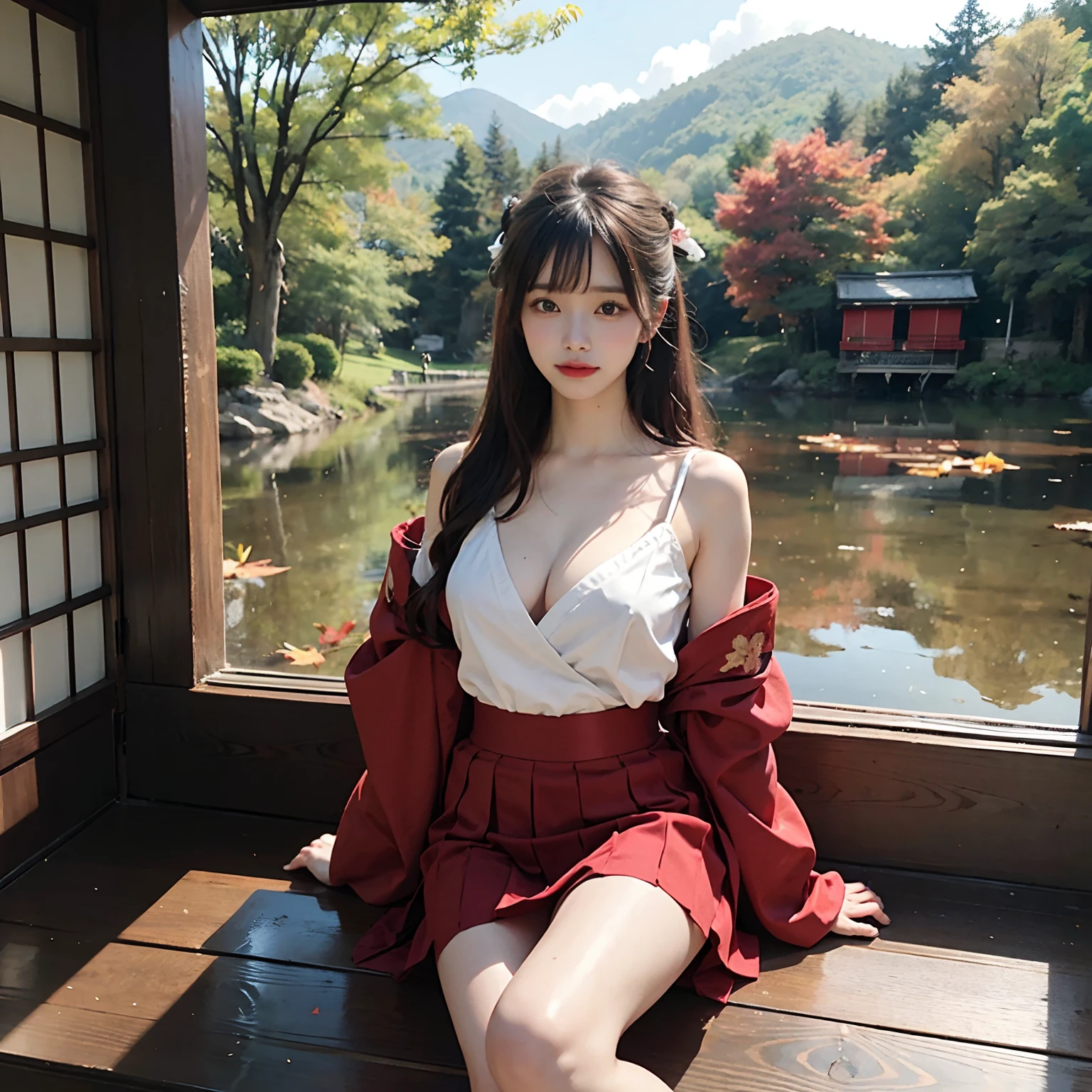 Woman in red skirt and white shirt is taking pictures, japanese girl school uniform, hakama kimono, Japan school uniform, Collar white and red, A Japanese style, Red kimono, Japanese style, traditional japanese, Wearing Hakama, japanese kimono,Autumn leaves in the background,Autumn outdoor background，No bra，feet visible ，You can see the valley ，cleavage of the breast ，Furisode ，Wide sleeves ，Wearing a priestess uniform ，shoulders can be seen ，Shoulder skin is visible ，Shoulders exposed ，wide open legs ，opening legs ，M-shaped legs